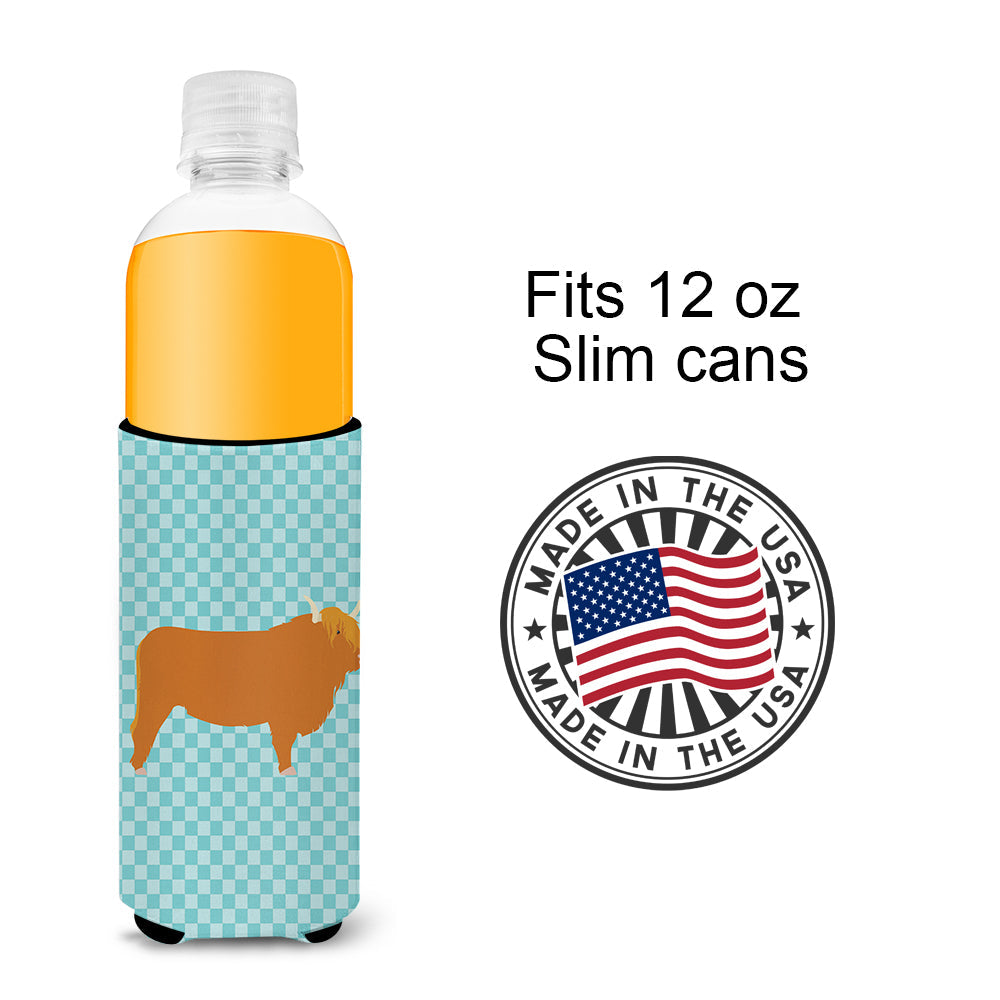 Highland Cow Blue Check Slim Can Hugger , Insulated Foam Hugger for 12 oz Slim Cans, Beer Bottles & Water Bottles, Printed in USA