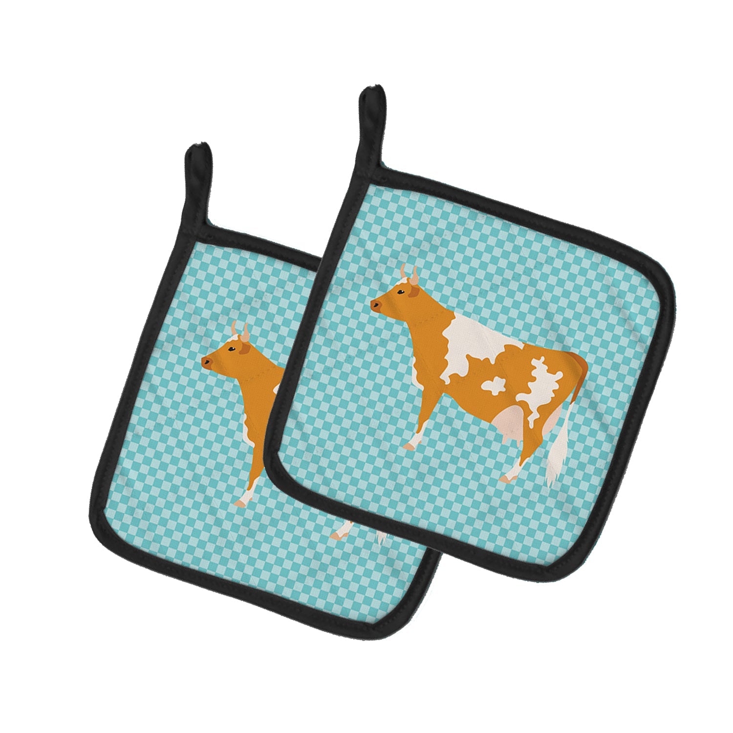 Guernsey Cow Blue Check Pot Holder Set of 2 Heat Resistant Quilted Hot Pads 7.5 x 7.5 Inch, Insulated Kitchen Trivets for Cooking & Baking