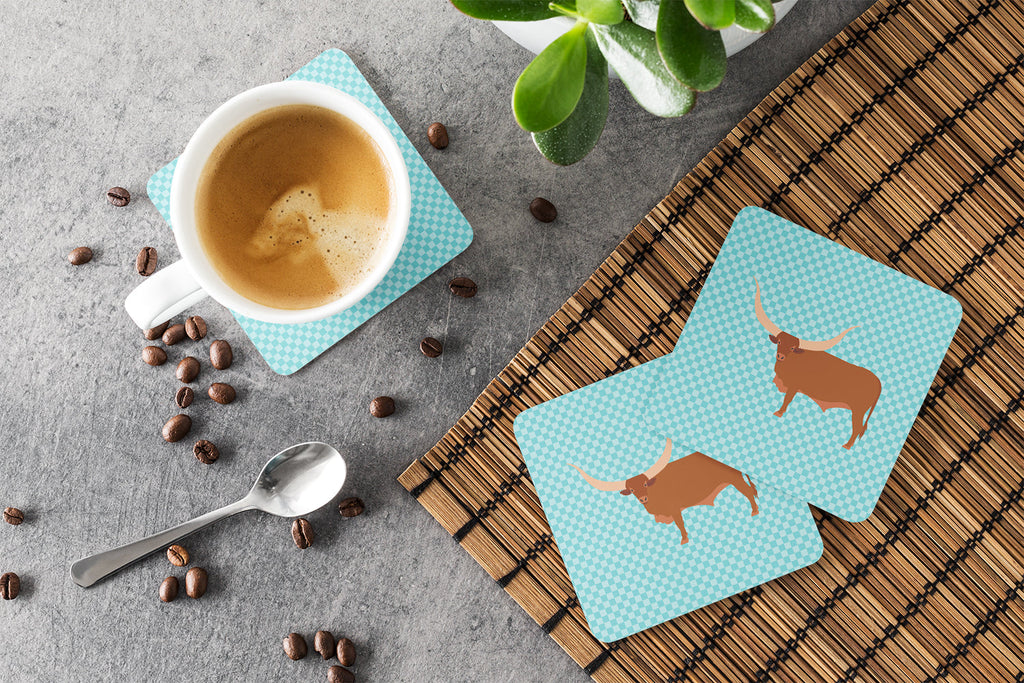 Ankole-Watusu Cow Blue Check Foam Coasters Set of 4 Cup Coasters for Indoor Outdoor, Tabletop Protection, Anti Slip, Mouse pad Material