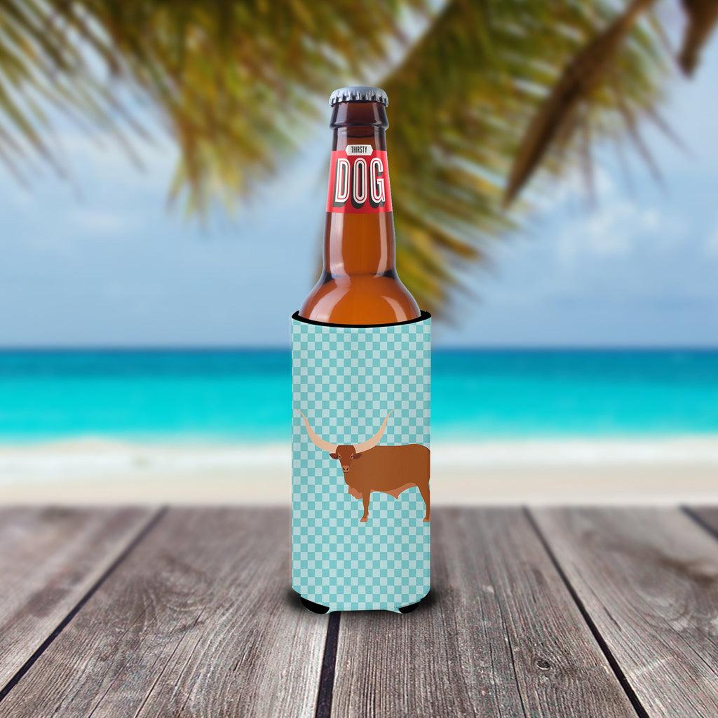 Ankole-Watusu Cow Blue Check Slim Can Hugger , Insulated Foam Hugger for 12 oz Slim Cans, Beer Bottles & Water Bottles, Printed in USA