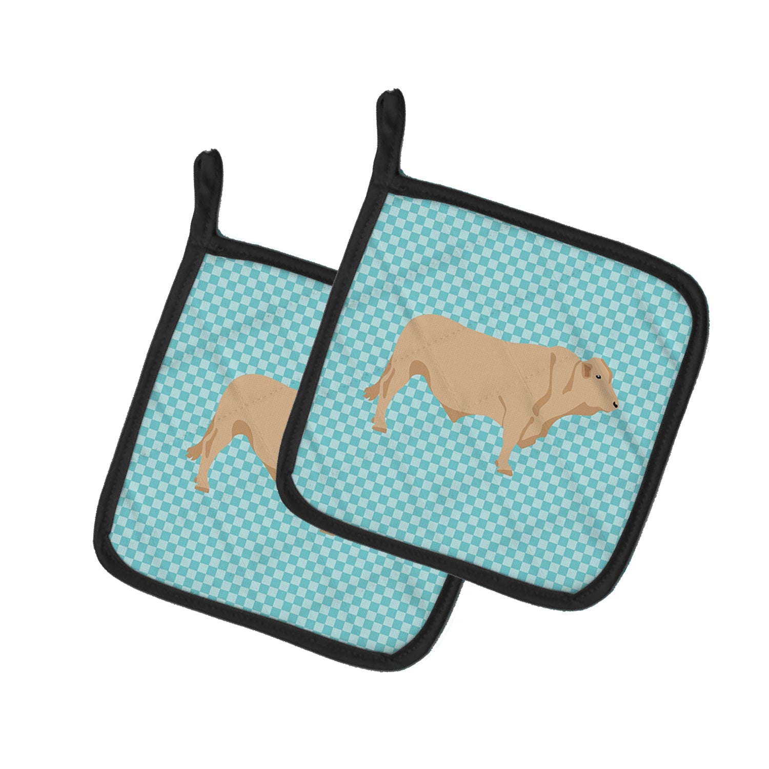 Charolais Cow Blue Check Pot Holder Set of 2 Heat Resistant Quilted Hot Pads 7.5 x 7.5 Inch, Insulated Kitchen Trivets for Cooking & Baking