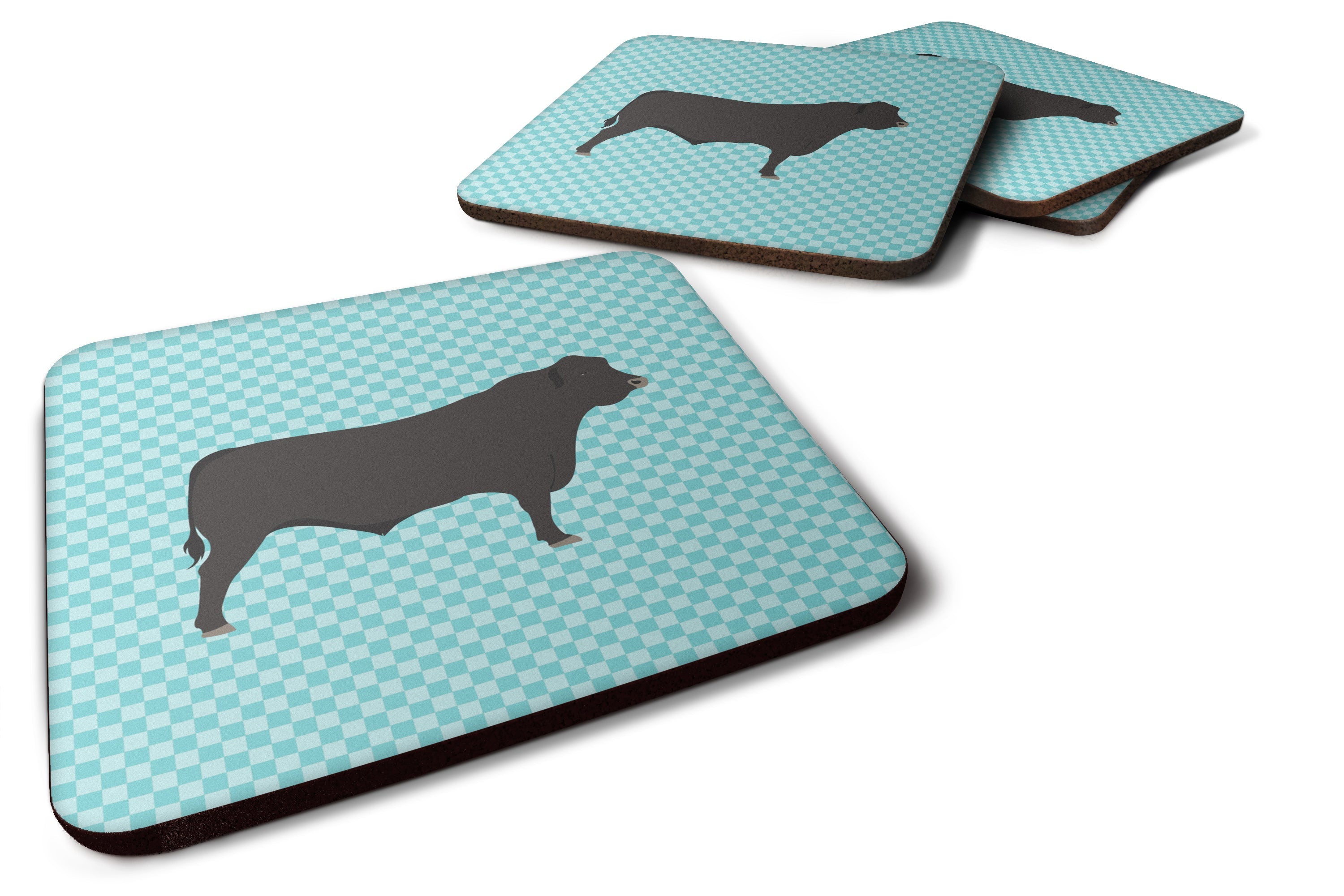 Black Angus Cow Blue Check Foam Coasters Set of 4 Cup Coasters for Indoor Outdoor, Tabletop Protection, Anti Slip, Mouse pad Material