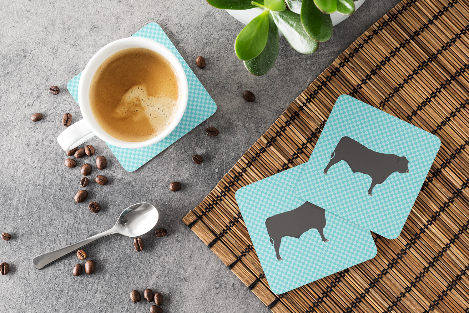 Black Angus Cow Blue Check Foam Coasters Set of 4 Cup Coasters for Indoor Outdoor, Tabletop Protection, Anti Slip, Mouse pad Material