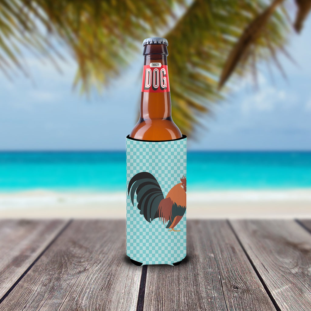 Dutch Bantam Chicken Blue Check Slim Can Hugger , Insulated Foam Hugger for 12 oz Slim Cans, Beer Bottles & Water Bottles, Printed in USA