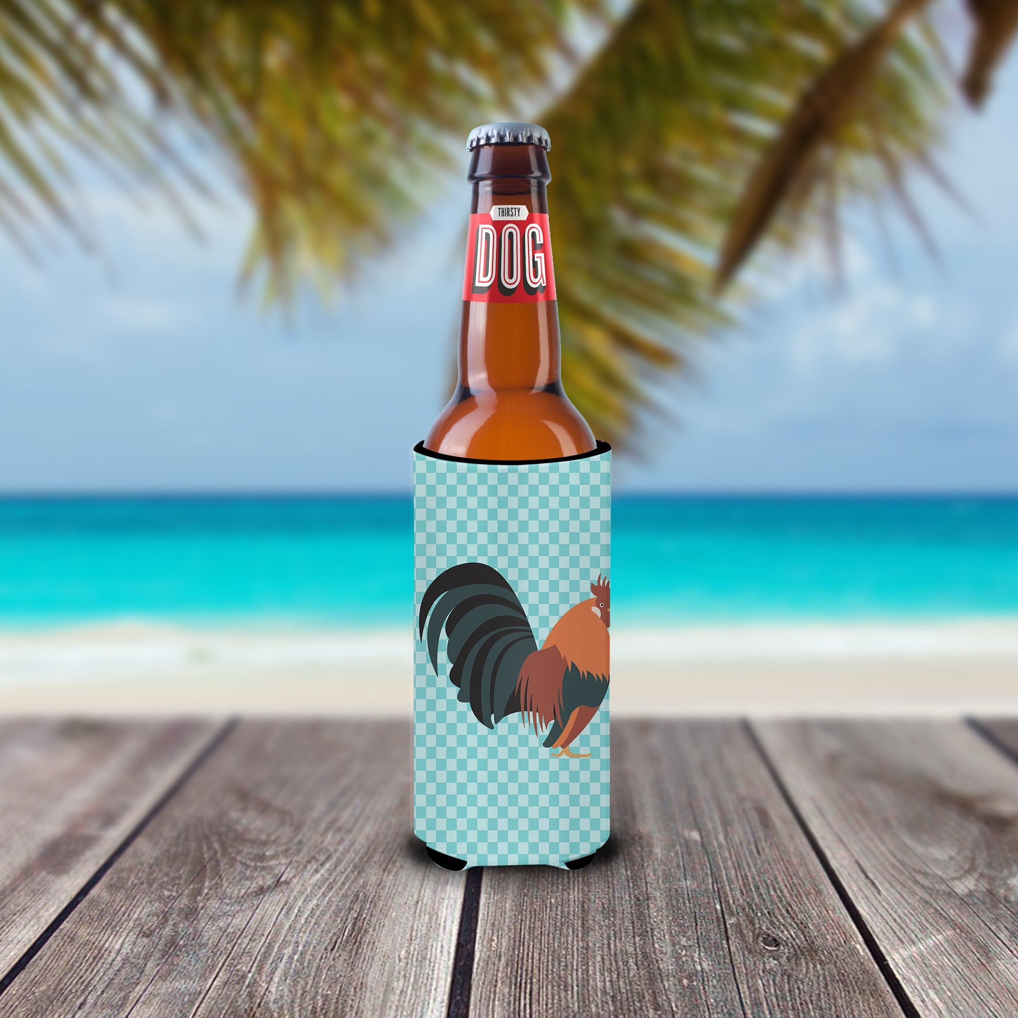 Dutch Bantam Chicken Blue Check Slim Can Hugger , Insulated Foam Hugger for 12 oz Slim Cans, Beer Bottles & Water Bottles, Printed in USA