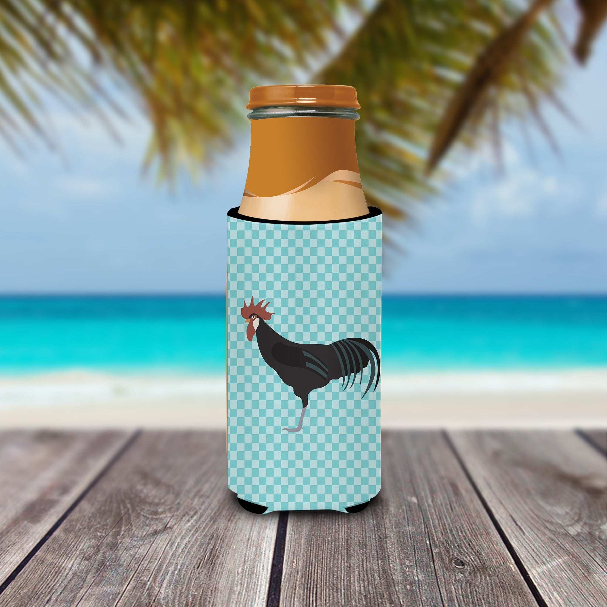 Minorca Ctalalan Chicken Blue Check Slim Can Hugger , Insulated Foam Hugger for 12 oz Slim Cans, Beer Bottles & Water Bottles, Printed in USA
