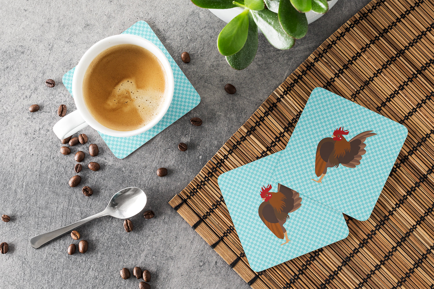 Malaysian Serama Chicken Blue Check Foam Coasters Set of 4 Cup Coasters for Indoor Outdoor, Tabletop Protection, Anti Slip, Mouse pad Material