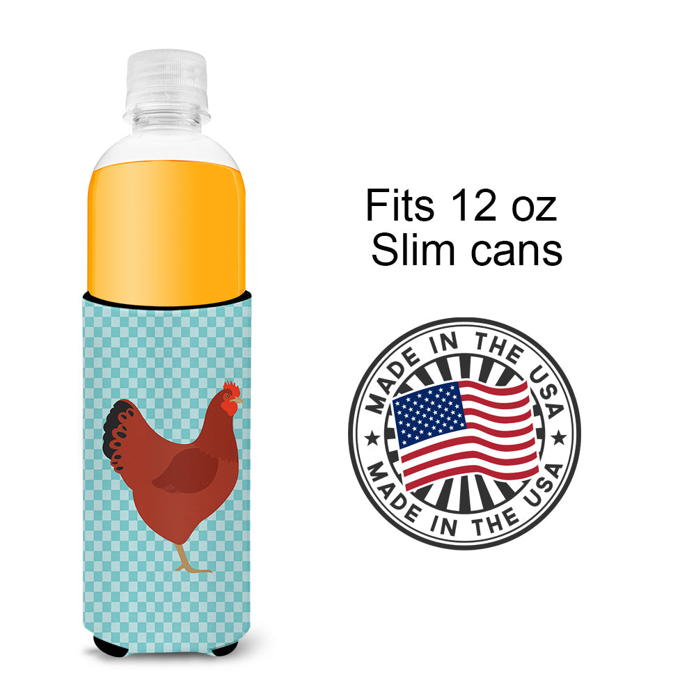 New Hampshire Red Chicken Blue Check Slim Can Hugger , Insulated Foam Hugger for 12 oz Slim Cans, Beer Bottles & Water Bottles, Printed in USA