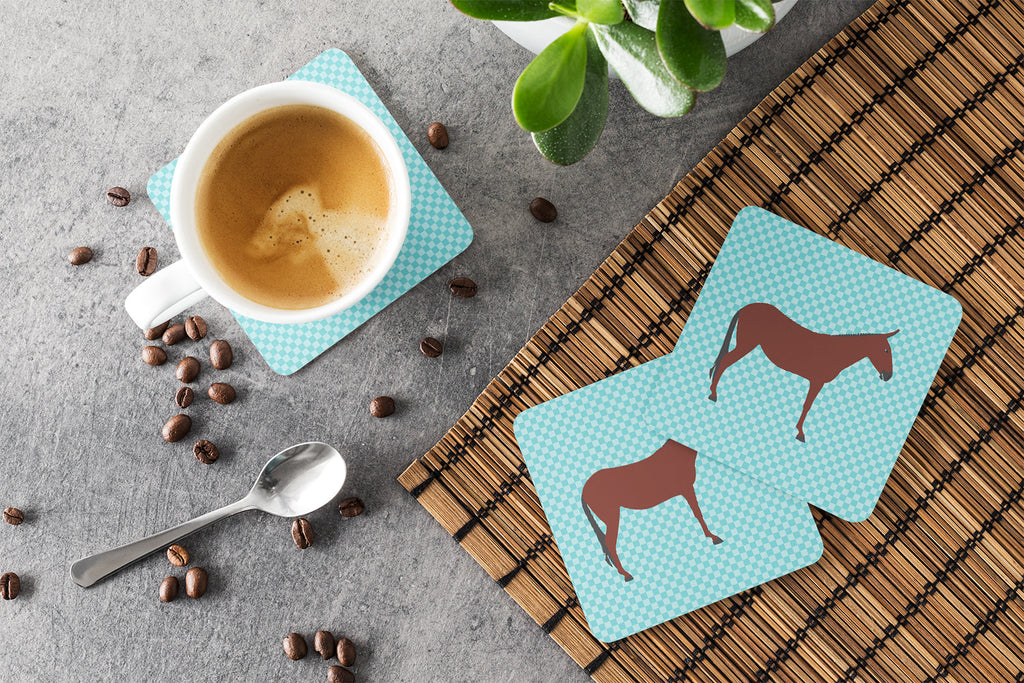 Hinny Horse Donkey Blue Check Foam Coasters Set of 4 Cup Coasters for Indoor Outdoor, Tabletop Protection, Anti Slip, Mouse pad Material