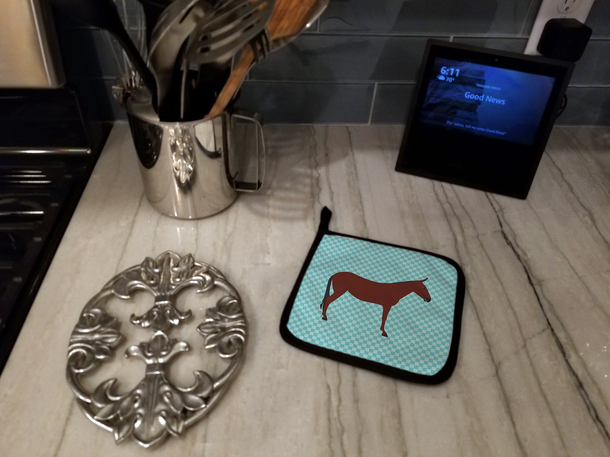 Hinny Horse Donkey Blue Check Pot Holder Set of 2 Heat Resistant Quilted Hot Pads 7.5 x 7.5 Inch, Insulated Kitchen Trivets for Cooking & Baking