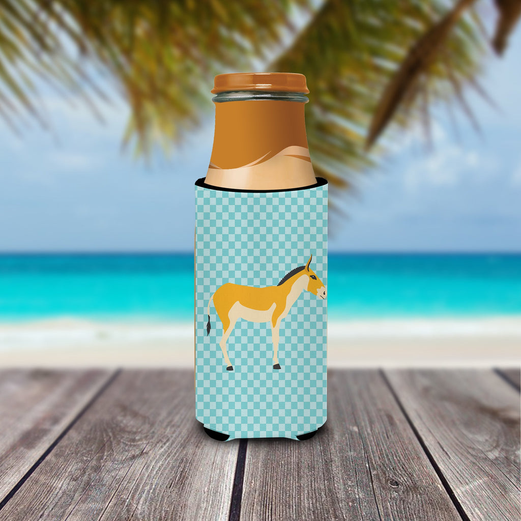 Turkmenian Kulan Donkey Blue Check Slim Can Hugger , Insulated Foam Hugger for 12 oz Slim Cans, Beer Bottles & Water Bottles, Printed in USA