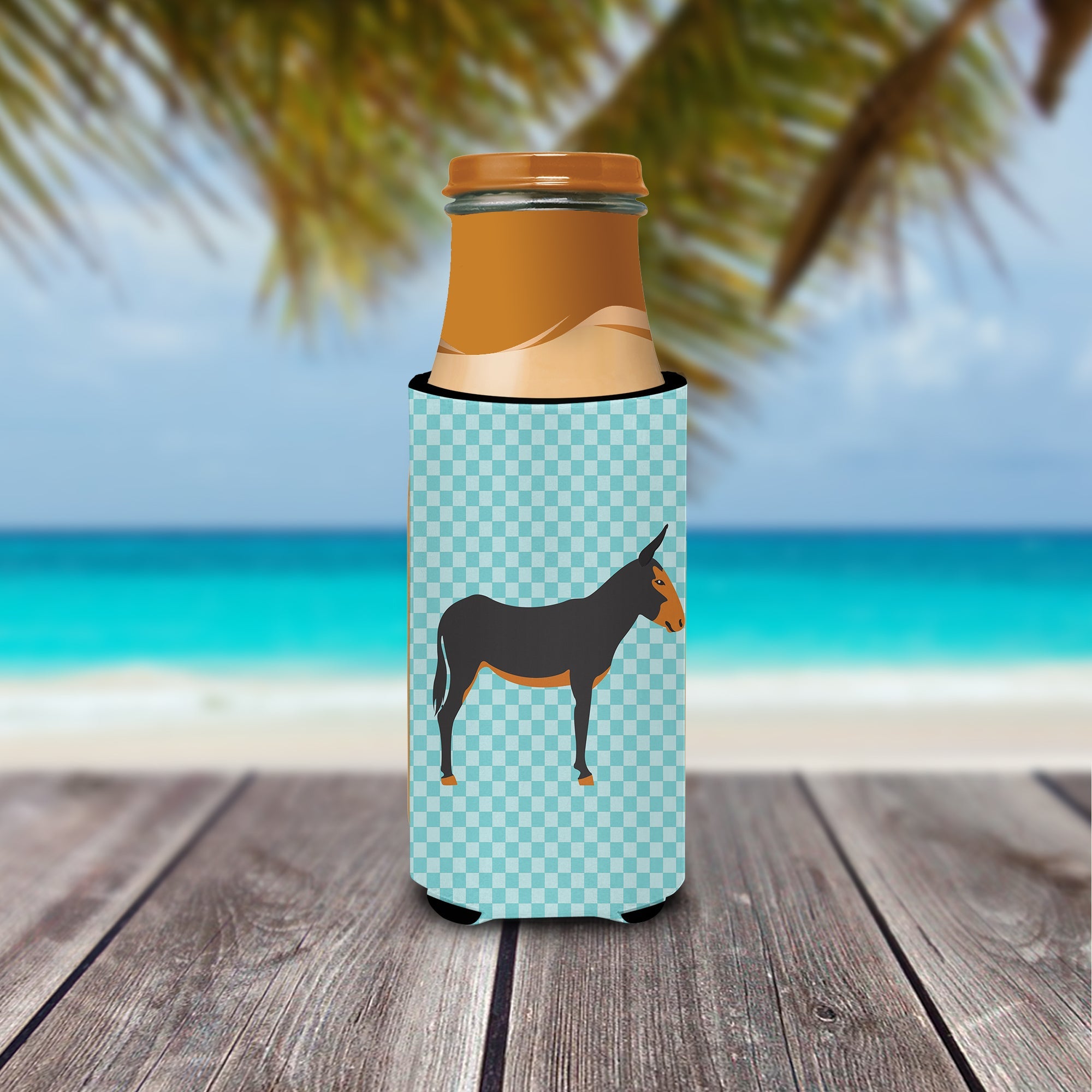 Catalan Donkey Blue Check Slim Can Hugger , Insulated Foam Hugger for 12 oz Slim Cans, Beer Bottles & Water Bottles, Printed in USA