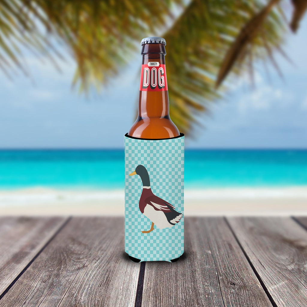 Rouen Duck Blue Check Slim Can Hugger , Insulated Foam Hugger for 12 oz Slim Cans, Beer Bottles & Water Bottles, Printed in USA