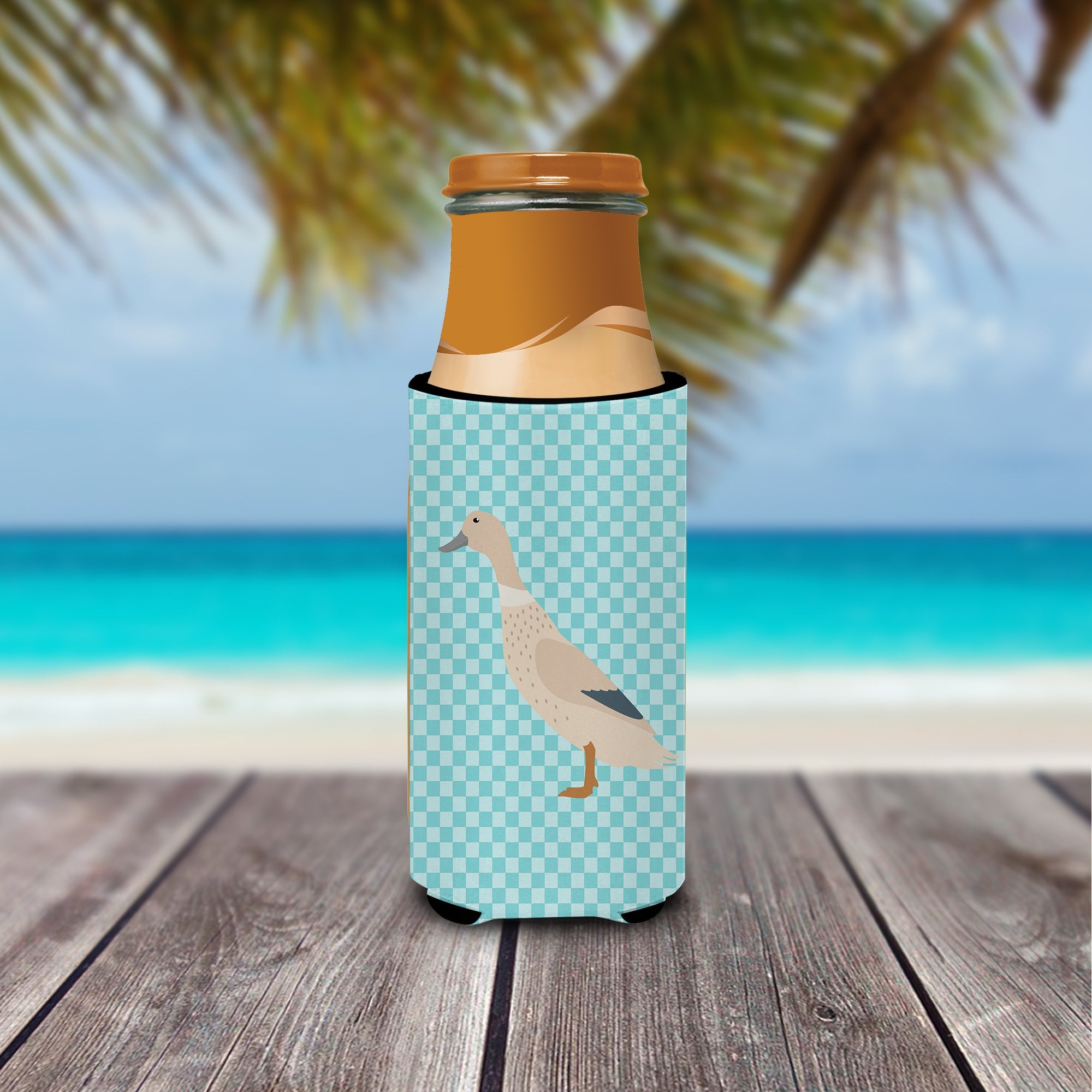 West Harlequin Duck Blue Check Slim Can Hugger , Insulated Foam Hugger for 12 oz Slim Cans, Beer Bottles & Water Bottles, Printed in USA