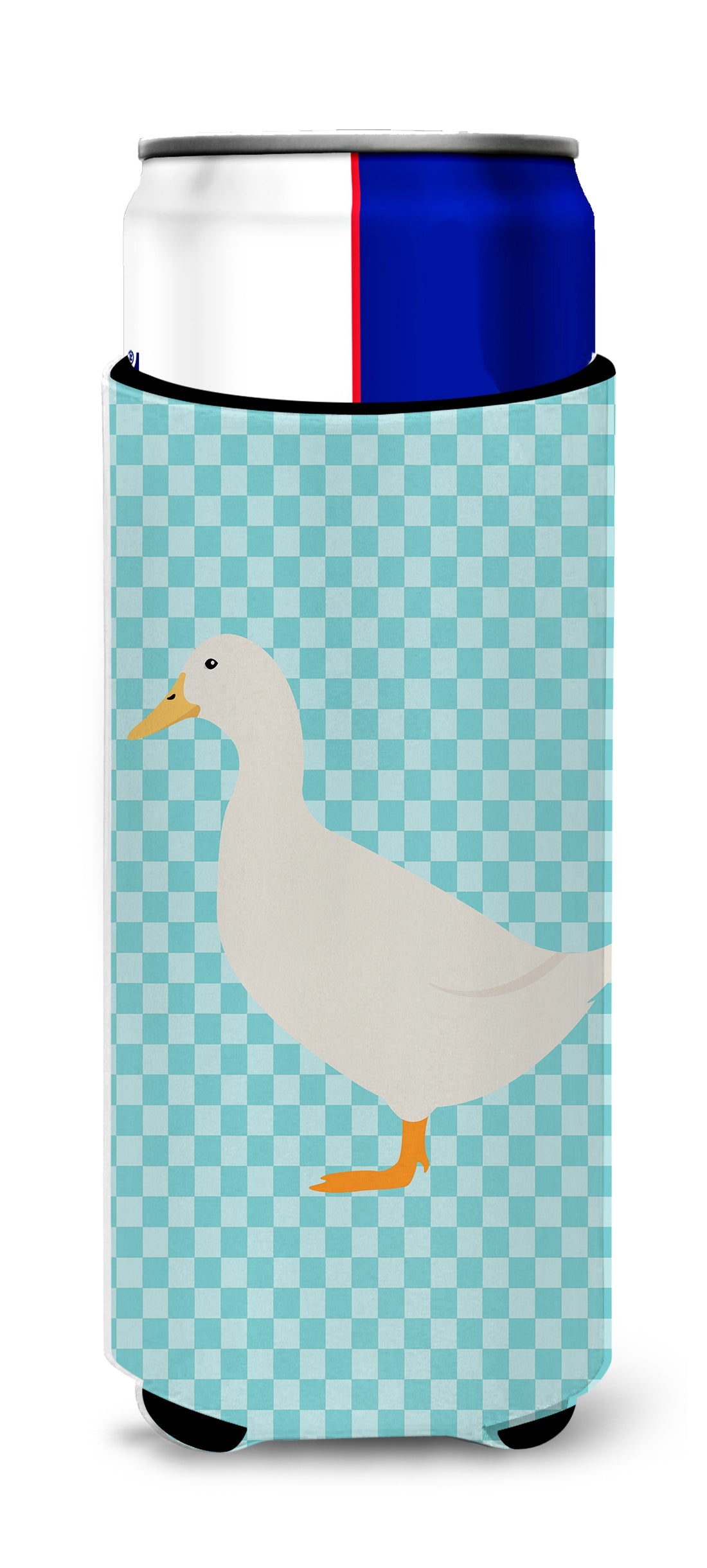 American Pekin Duck Blue Check Slim Can Hugger , Insulated Foam Hugger for 12 oz Slim Cans, Beer Bottles & Water Bottles, Printed in USA