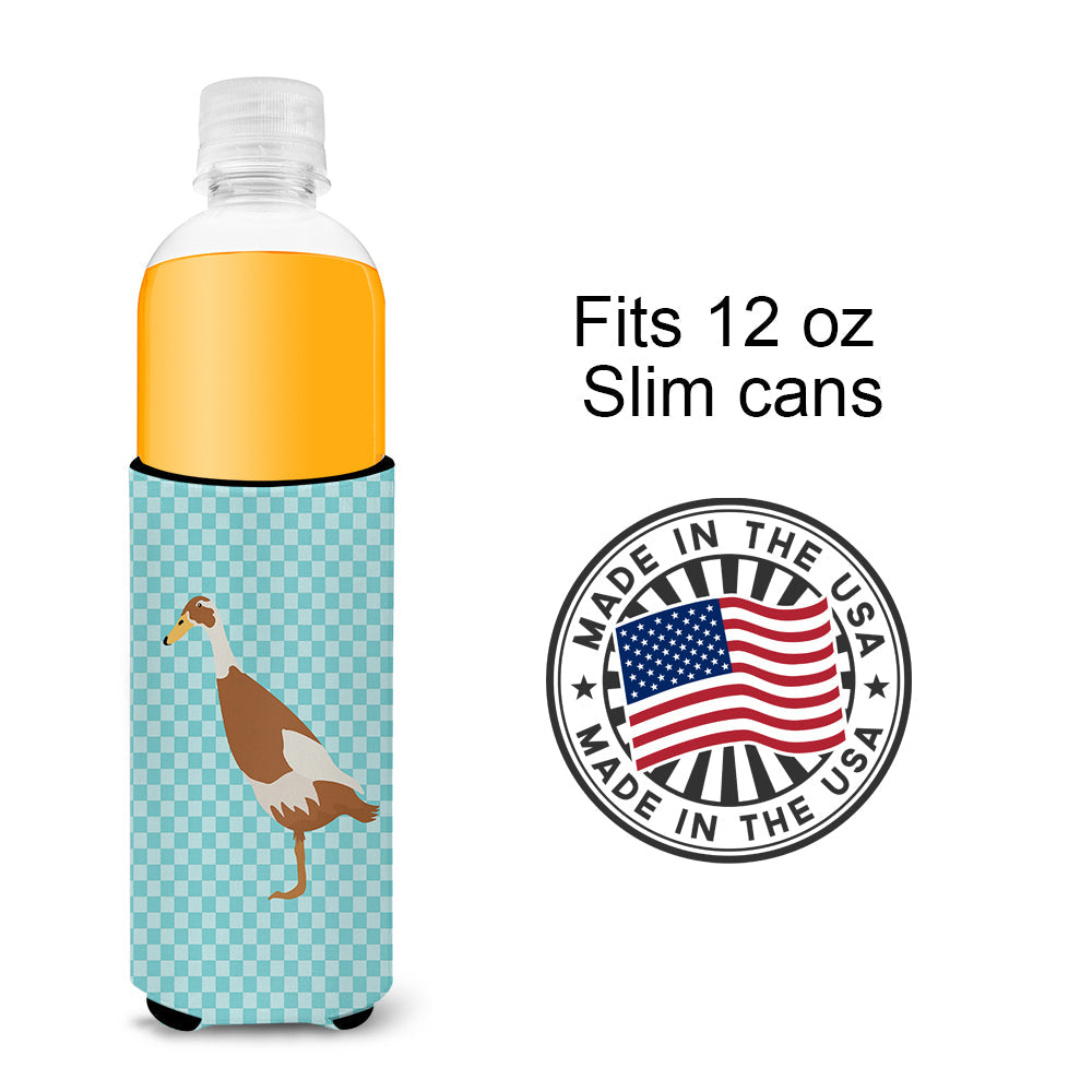 Indian Runner Duck Blue Check Slim Can Hugger , Insulated Foam Hugger for 12 oz Slim Cans, Beer Bottles & Water Bottles, Printed in USA