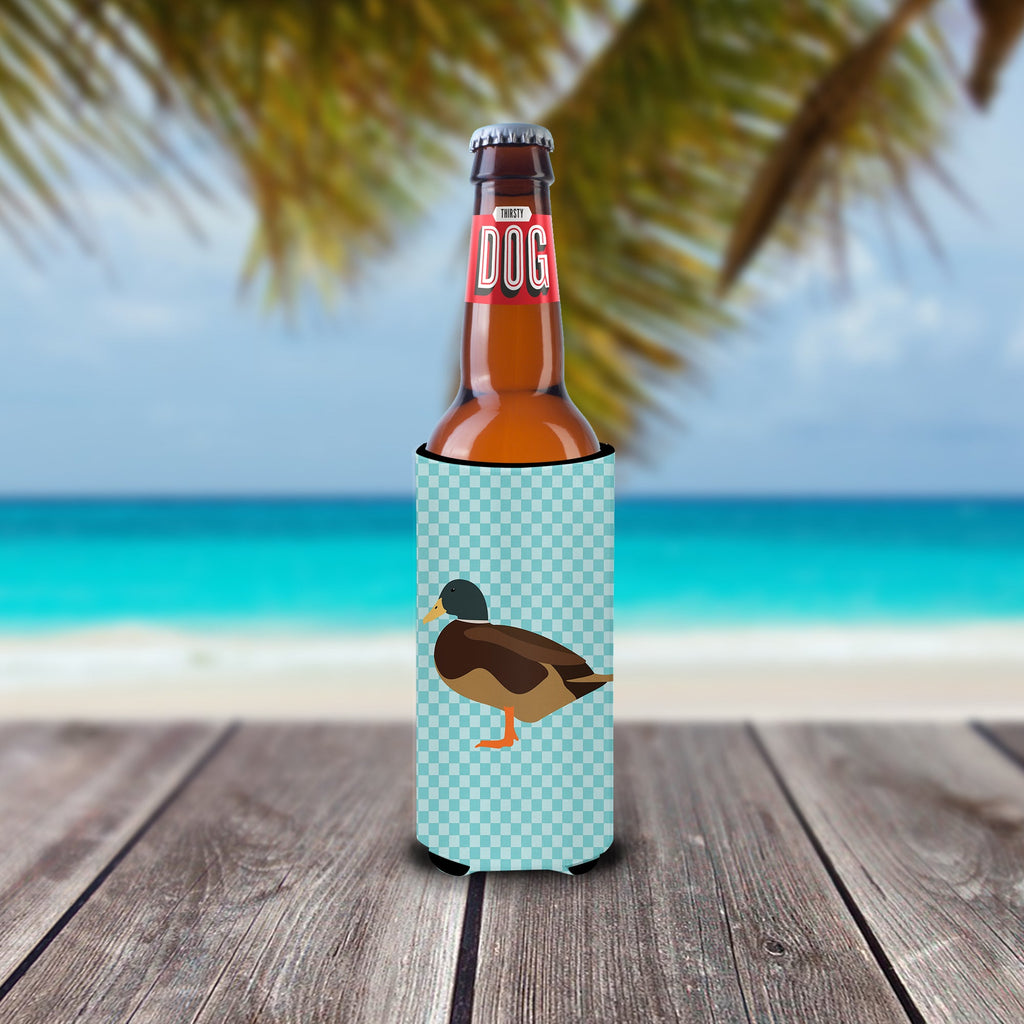 Silver Bantam Duck Blue Check Slim Can Hugger , Insulated Foam Hugger for 12 oz Slim Cans, Beer Bottles & Water Bottles, Printed in USA