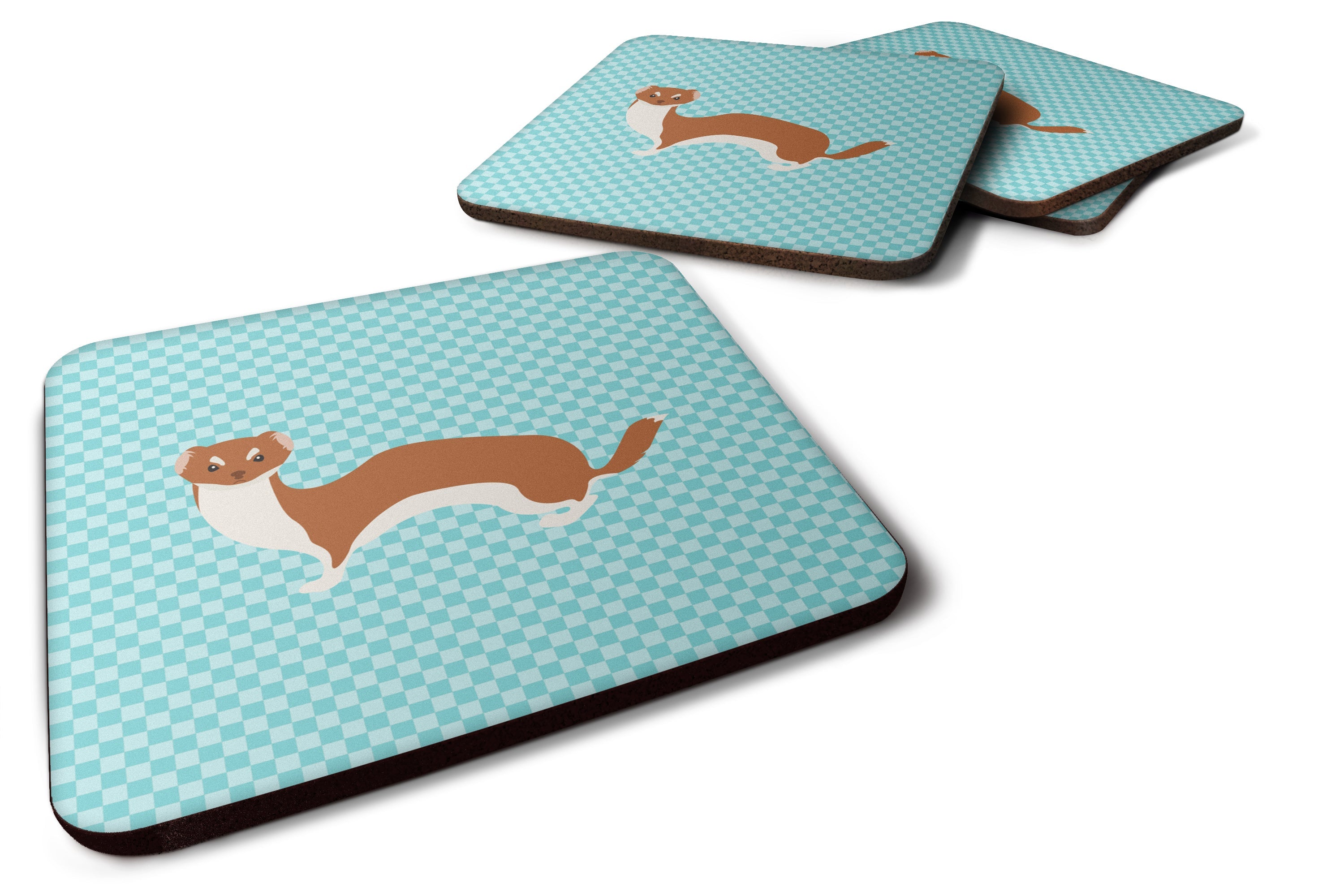 Weasel Blue Check Foam Coasters Set of 4 Cup Coasters for Indoor Outdoor, Tabletop Protection, Anti Slip, Mouse pad Material