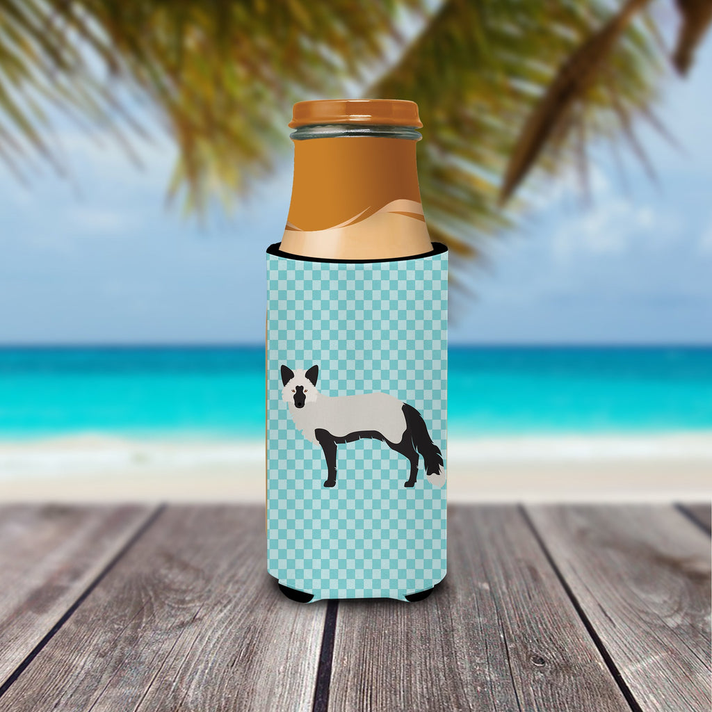 Silver Fox Blue Check Slim Can Hugger , Insulated Foam Hugger for 12 oz Slim Cans, Beer Bottles & Water Bottles, Printed in USA
