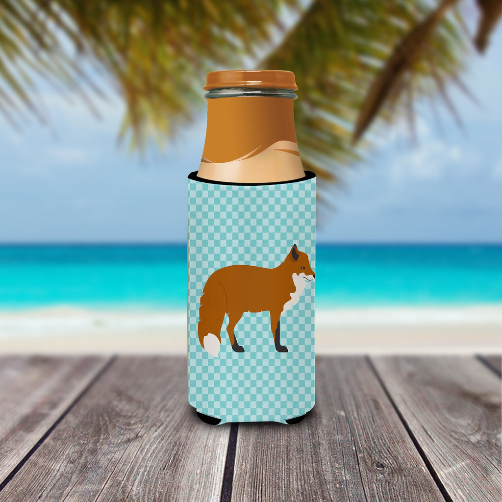 Red Fox Blue Check Slim Can Hugger , Insulated Foam Hugger for 12 oz Slim Cans, Beer Bottles & Water Bottles, Printed in USA