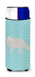 White Arctic Fox Blue Check Slim Can Hugger , Insulated Foam Hugger for 12 oz Slim Cans, Beer Bottles & Water Bottles, Printed in USA