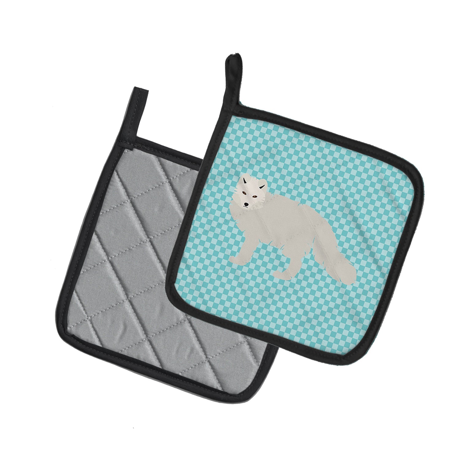 White Arctic Fox Blue Check Pot Holder Set of 2 Heat Resistant Quilted Hot Pads 7.5 x 7.5 Inch, Insulated Kitchen Trivets for Cooking & Baking