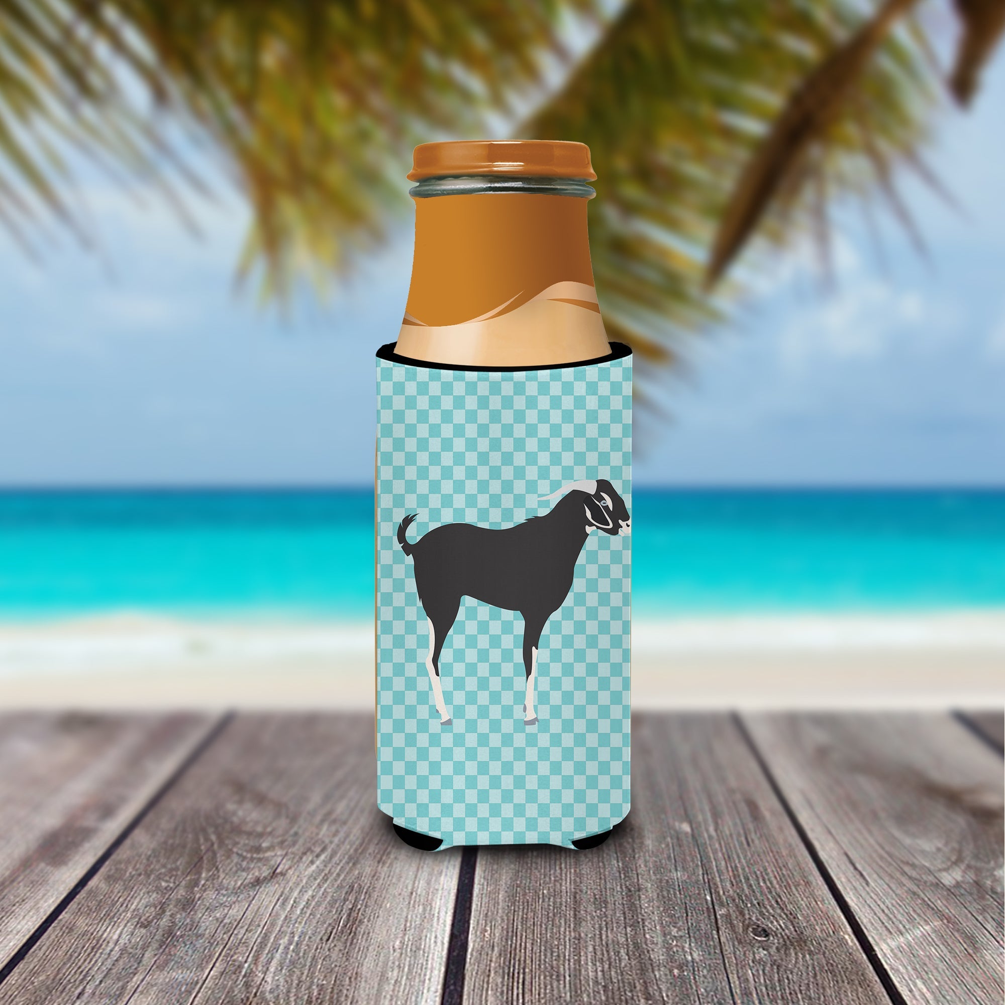Black Bengal Goat Blue Check Slim Can Hugger , Insulated Foam Hugger for 12 oz Slim Cans, Beer Bottles & Water Bottles, Printed in USA