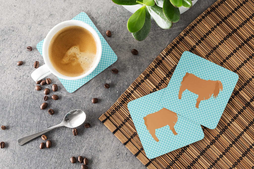 American Lamancha Goat Blue Check Foam Coasters Set of 4 Cup Coasters for Indoor Outdoor, Tabletop Protection, Anti Slip, Mouse pad Material