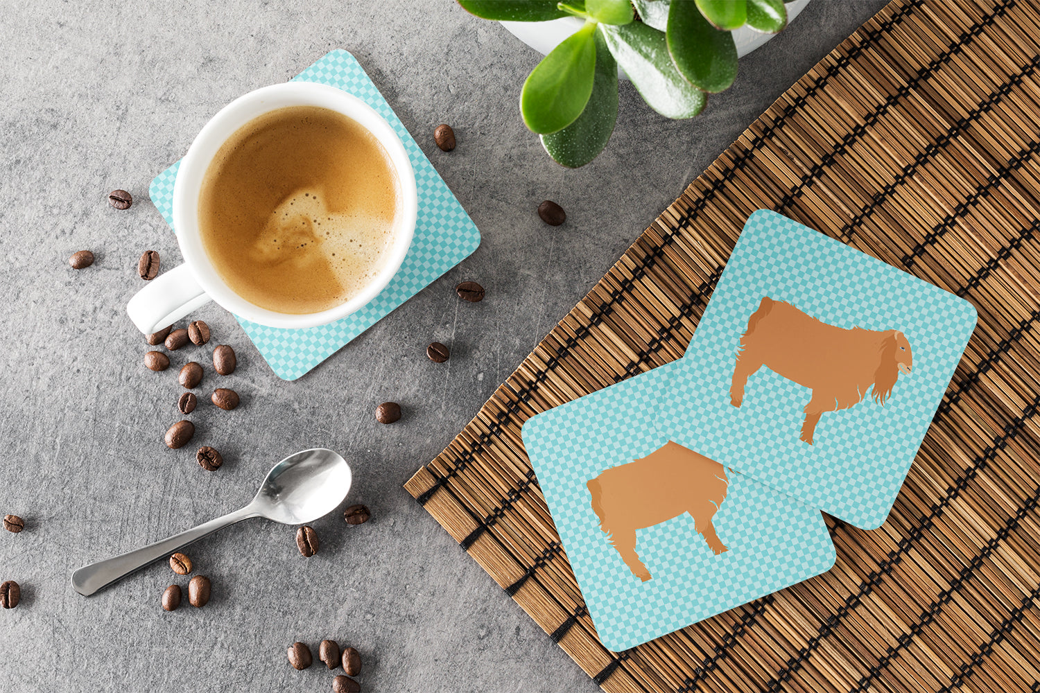 American Lamancha Goat Blue Check Foam Coasters Set of 4 Cup Coasters for Indoor Outdoor, Tabletop Protection, Anti Slip, Mouse pad Material