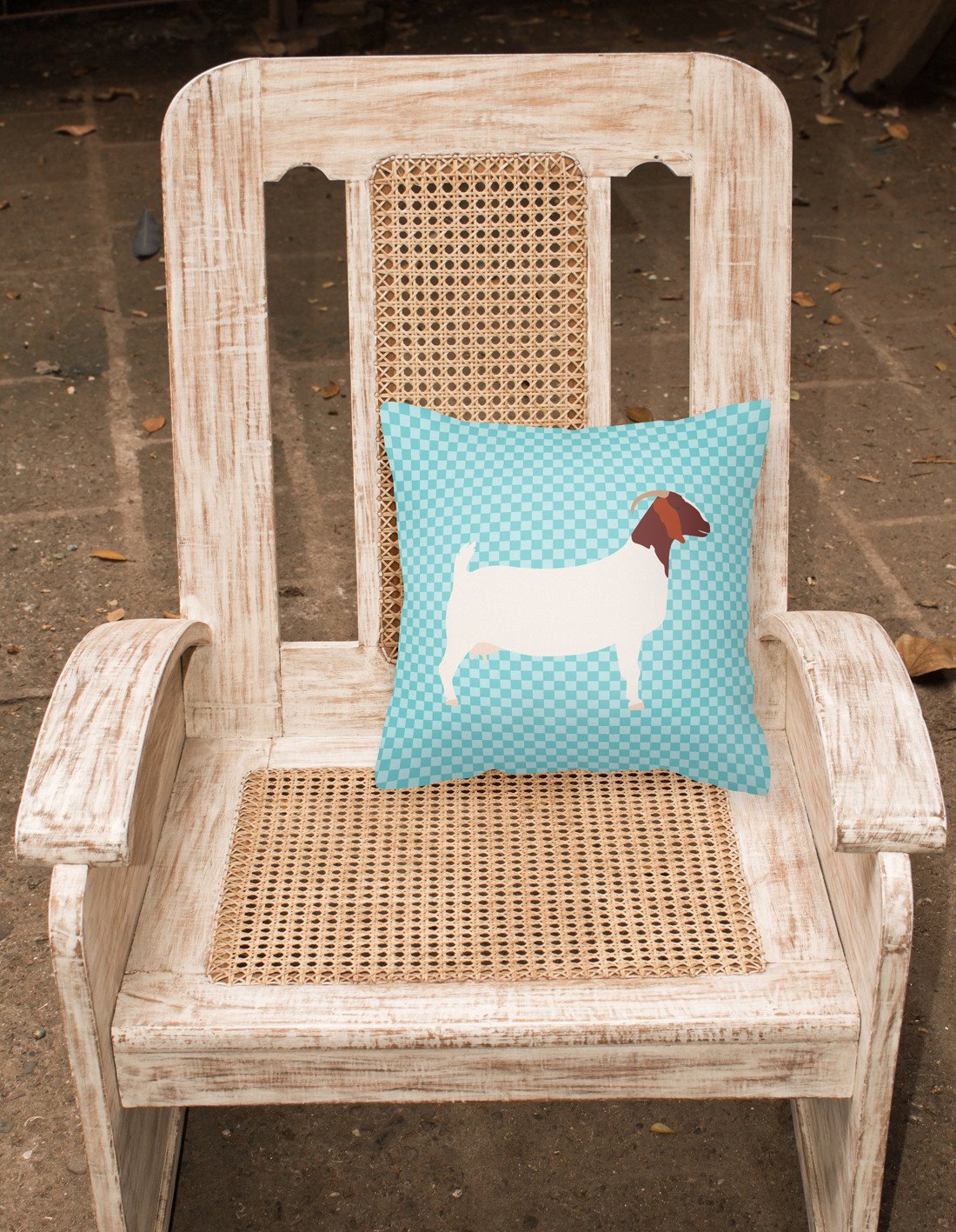 Boer Goat Blue Check Decorative Throw Pillow 18x18 Indoor Outdoor Accent Cushion, Fabric Cover with Insert for Sofa, Bed, Porch & Living Room