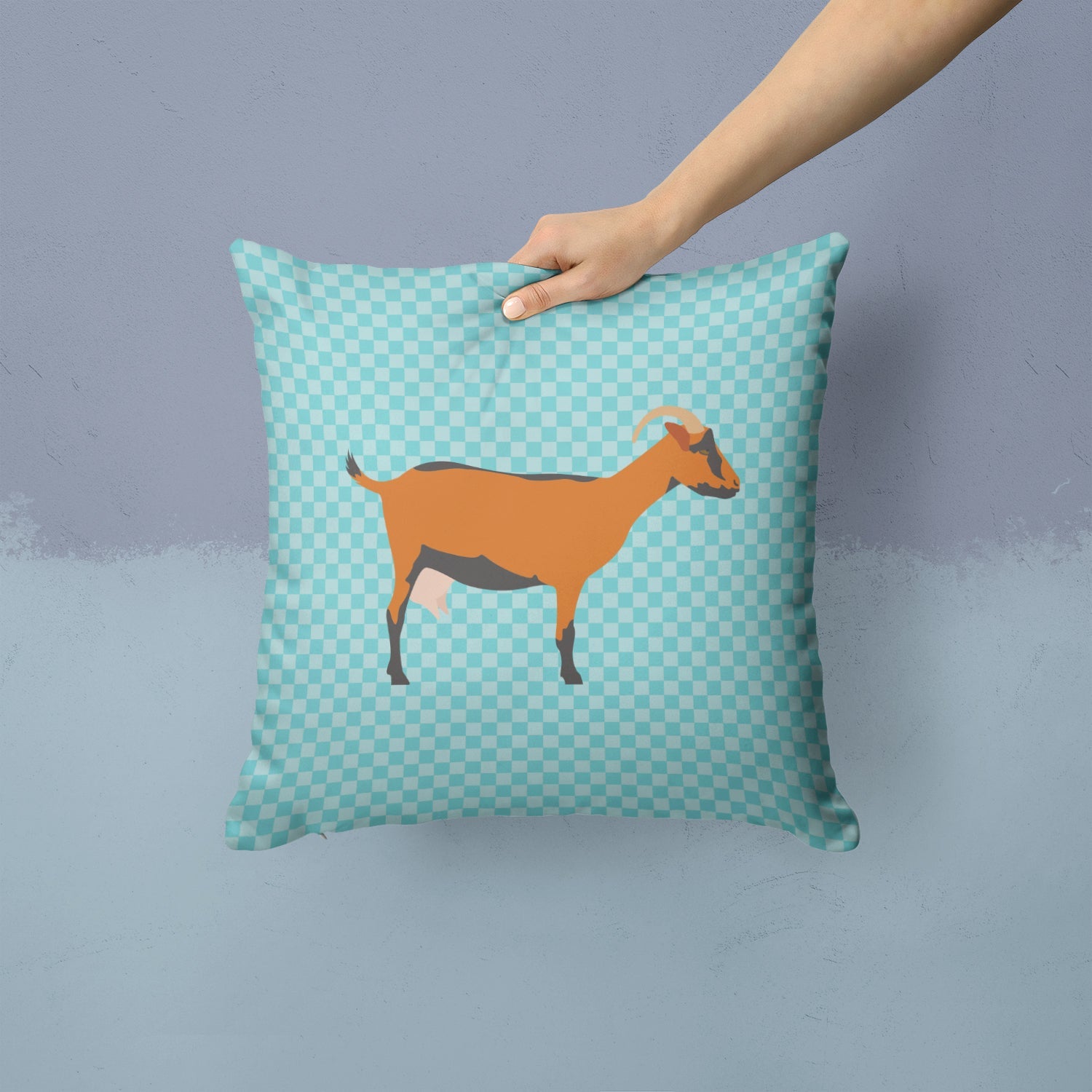 Oberhasli Goat Blue Check Decorative Throw Pillow 14x14 Indoor Outdoor Accent Cushion, Fabric Cover with Insert for Sofa, Bed, Porch & Living Room