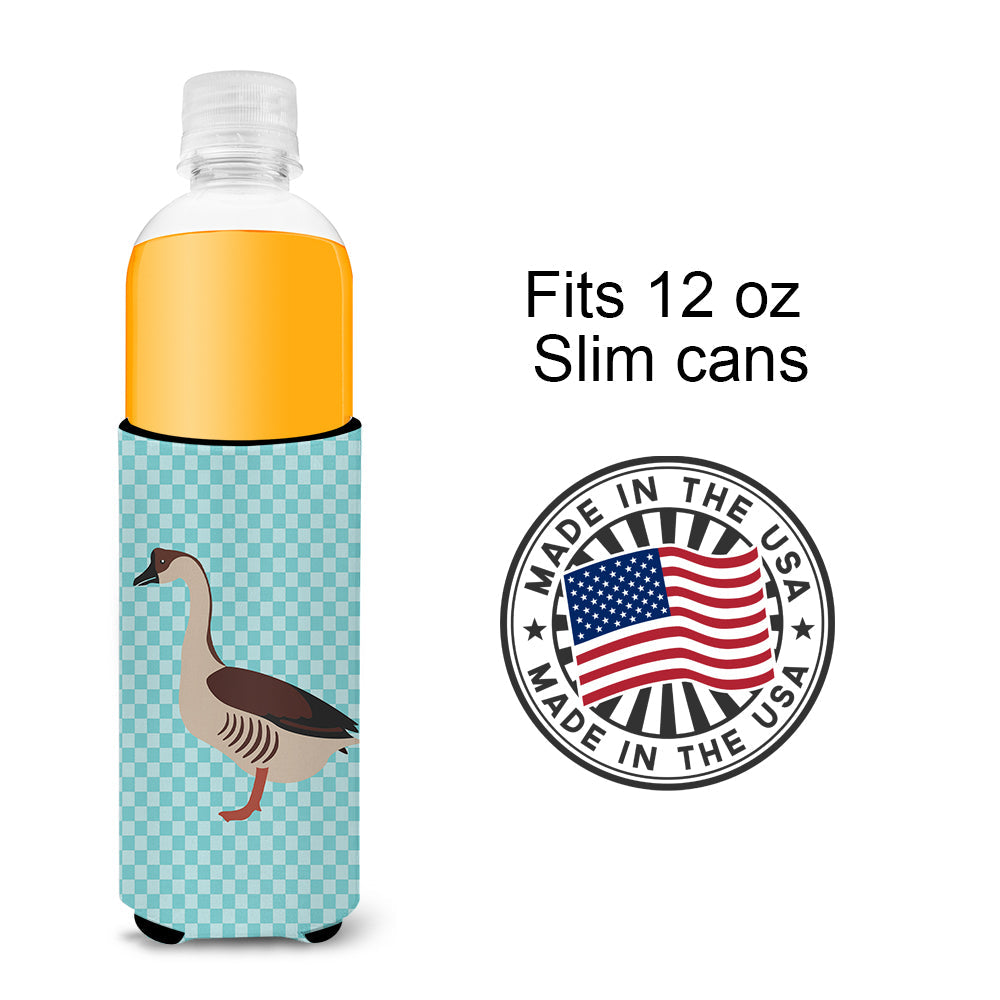 Chinese Goose Blue Check Slim Can Hugger , Insulated Foam Hugger for 12 oz Slim Cans, Beer Bottles & Water Bottles, Printed in USA