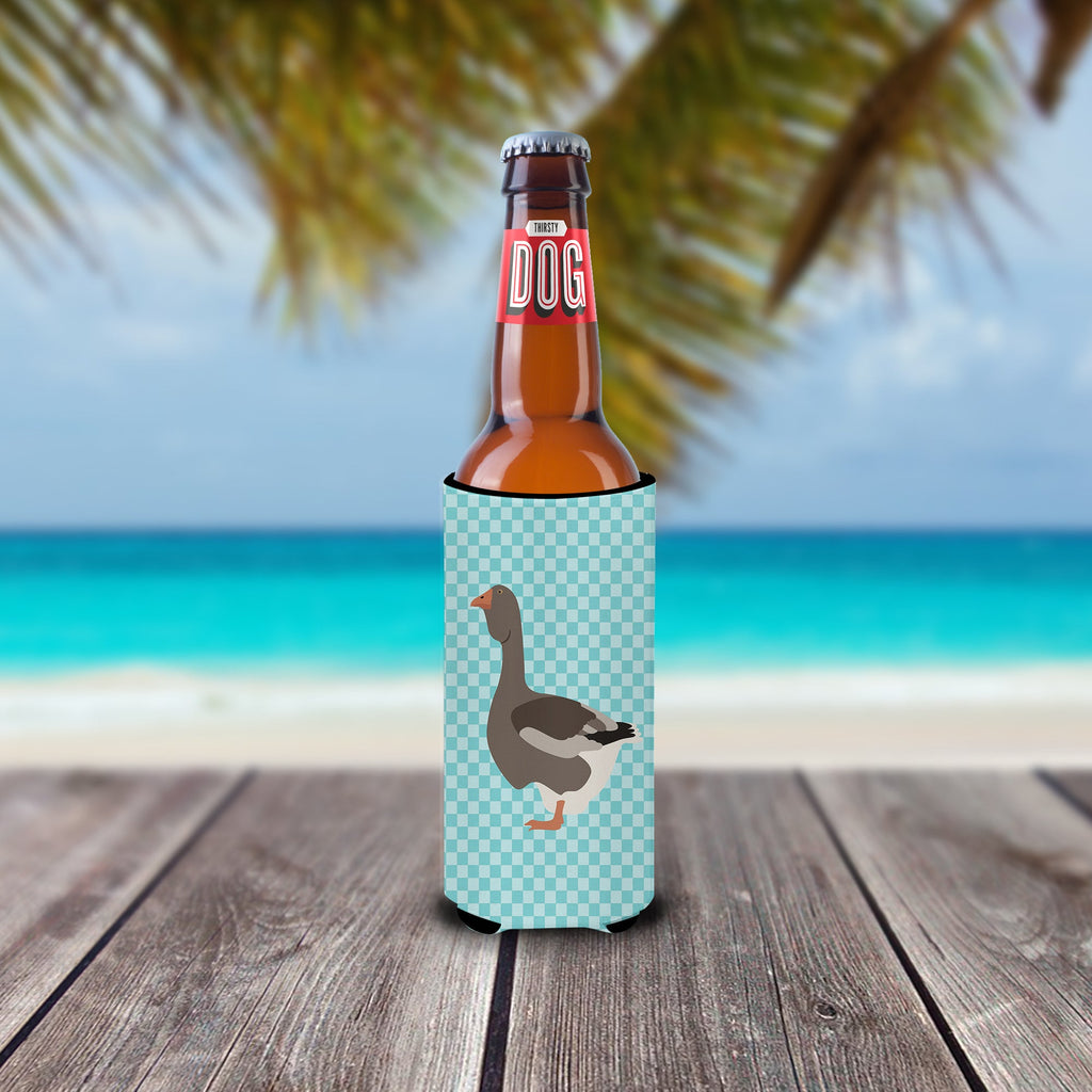 Toulouse Goose Blue Check Slim Can Hugger , Insulated Foam Hugger for 12 oz Slim Cans, Beer Bottles & Water Bottles, Printed in USA