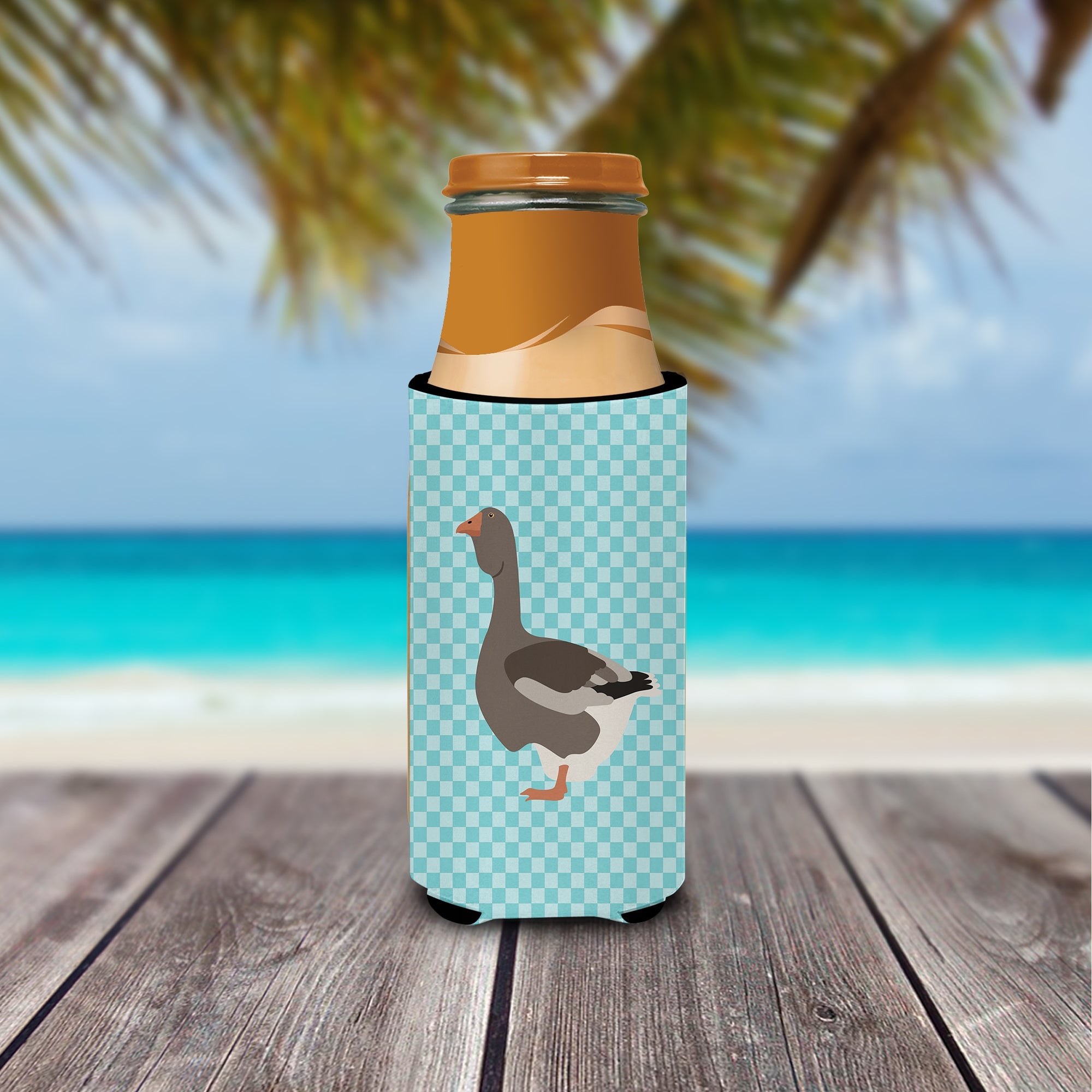 Toulouse Goose Blue Check Slim Can Hugger , Insulated Foam Hugger for 12 oz Slim Cans, Beer Bottles & Water Bottles, Printed in USA