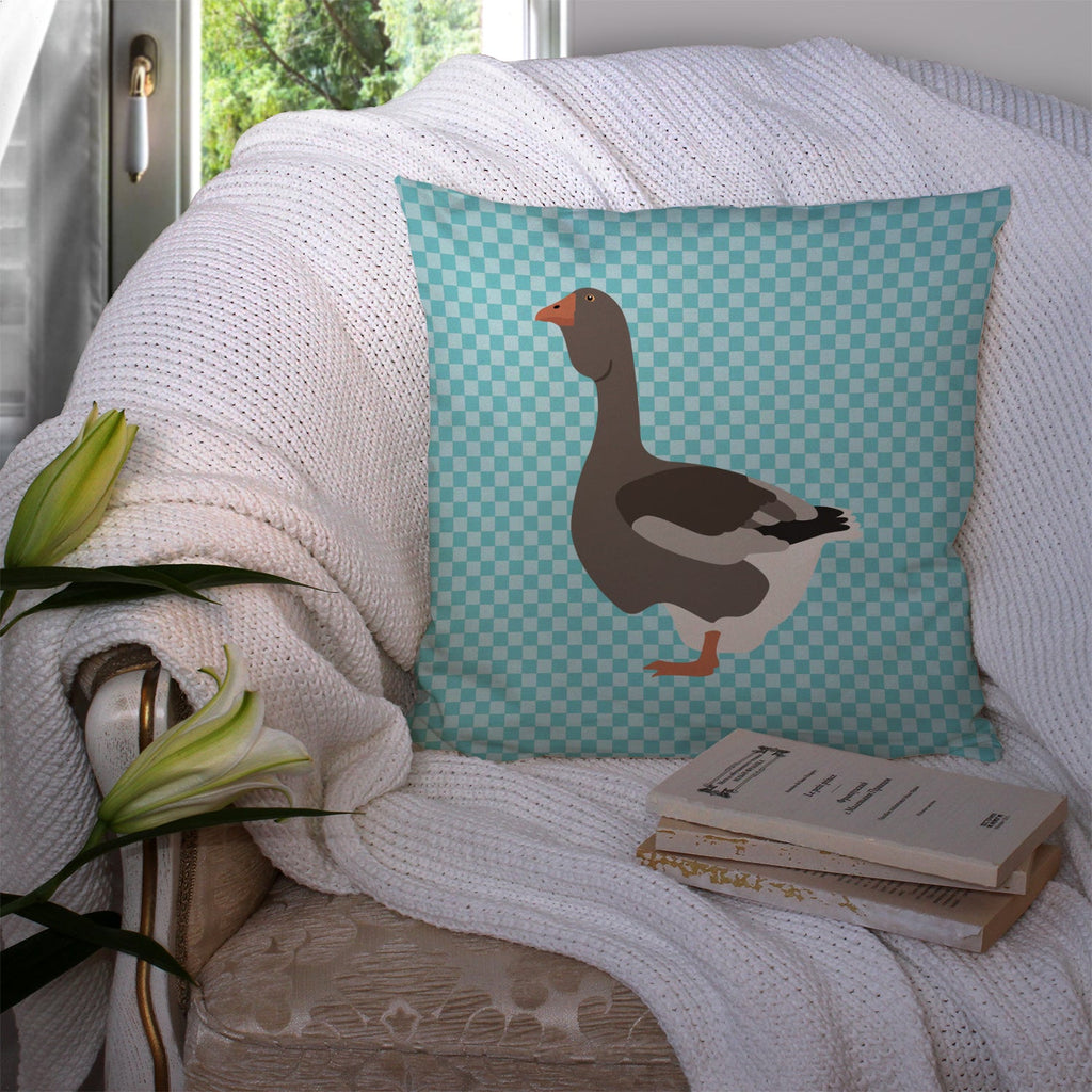 Toulouse Goose Blue Check Decorative Throw Pillow 14x14 Indoor Outdoor Accent Cushion, Fabric Cover with Insert for Sofa, Bed, Porch & Living Room