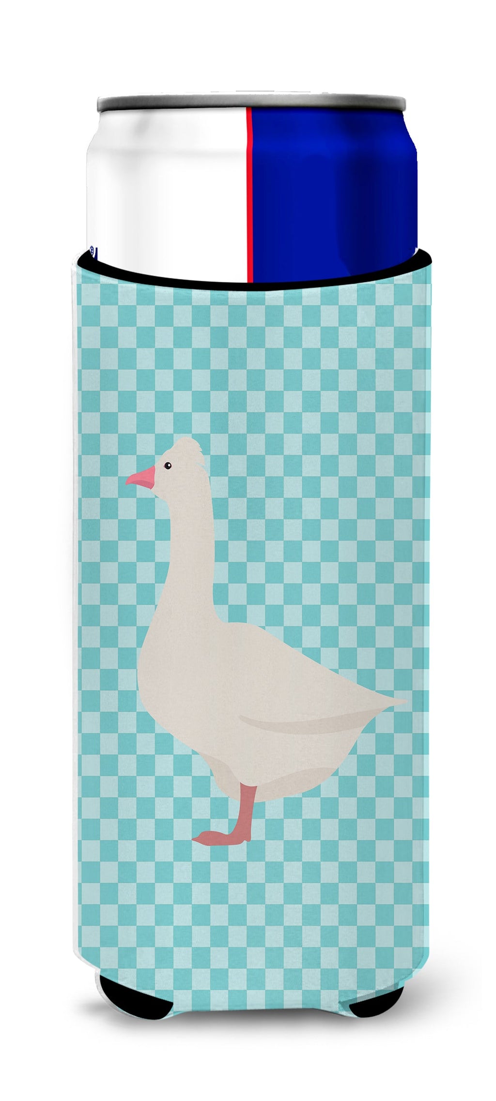 Roman Goose Blue Check Slim Can Hugger , Insulated Foam Hugger for 12 oz Slim Cans, Beer Bottles & Water Bottles, Printed in USA