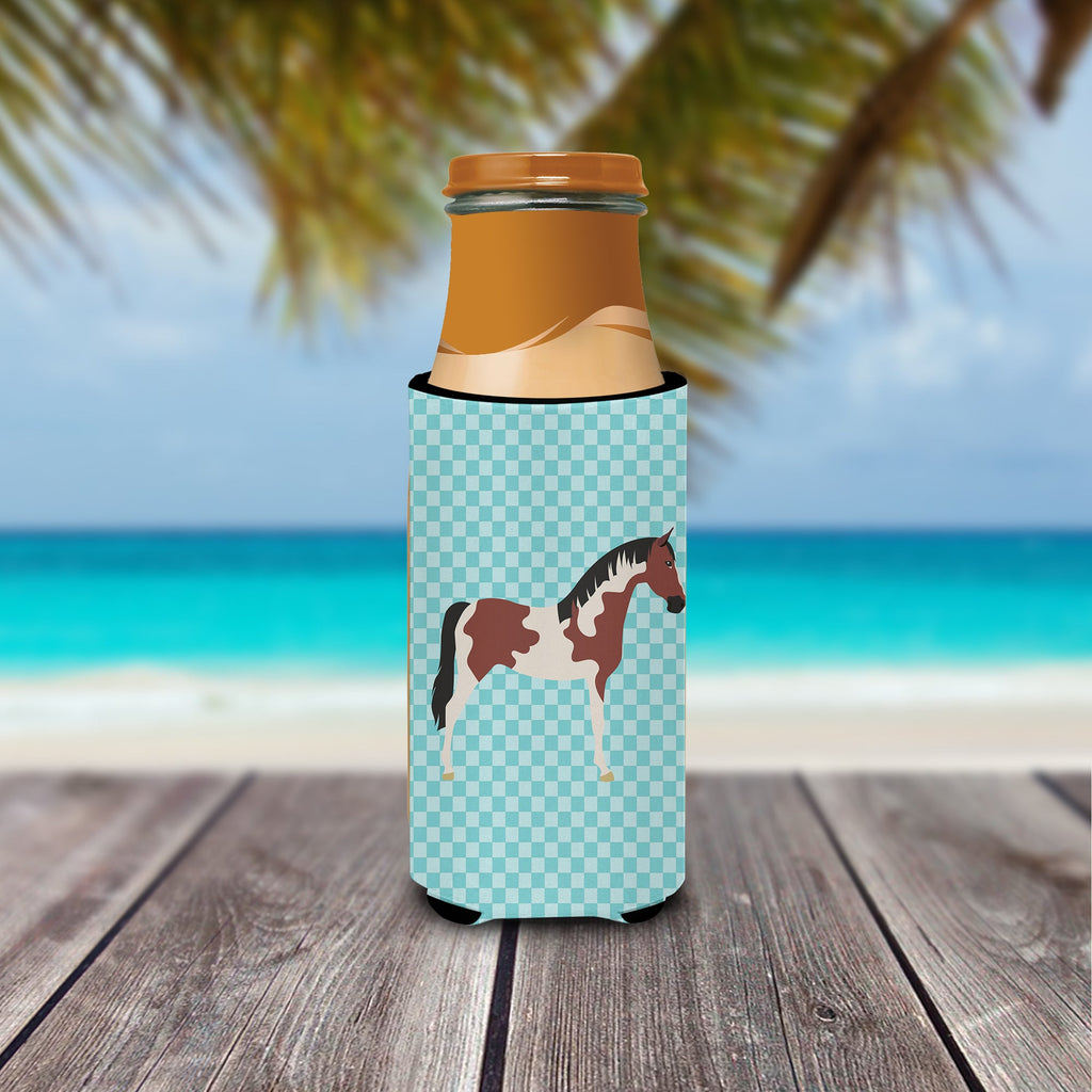 Pinto Horse Blue Check Slim Can Hugger , Insulated Foam Hugger for 12 oz Slim Cans, Beer Bottles & Water Bottles, Printed in USA