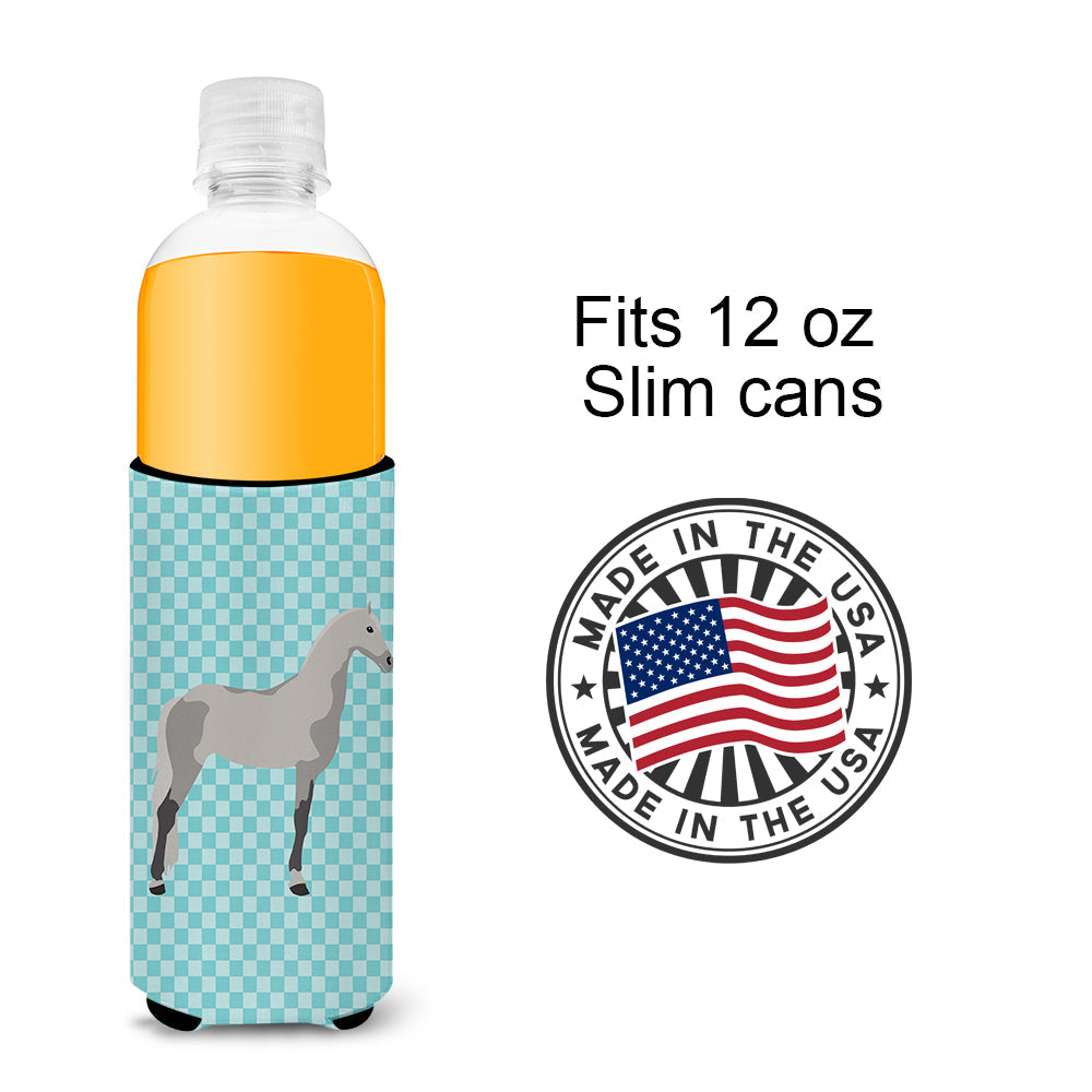 Orlov Trotter Horse Blue Check Slim Can Hugger , Insulated Foam Hugger for 12 oz Slim Cans, Beer Bottles & Water Bottles, Printed in USA