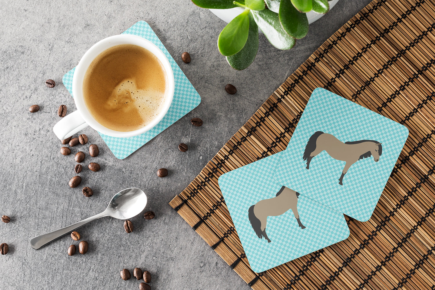 Welsh Pony Horse Blue Check Foam Coasters Set of 4 Cup Coasters for Indoor Outdoor, Tabletop Protection, Anti Slip, Mouse pad Material