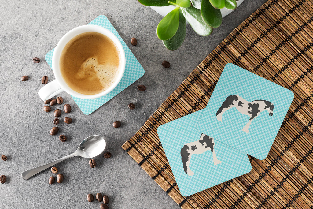 Cyldesdale Horse Blue Check Foam Coasters Set of 4 Cup Coasters for Indoor Outdoor, Tabletop Protection, Anti Slip, Mouse pad Material