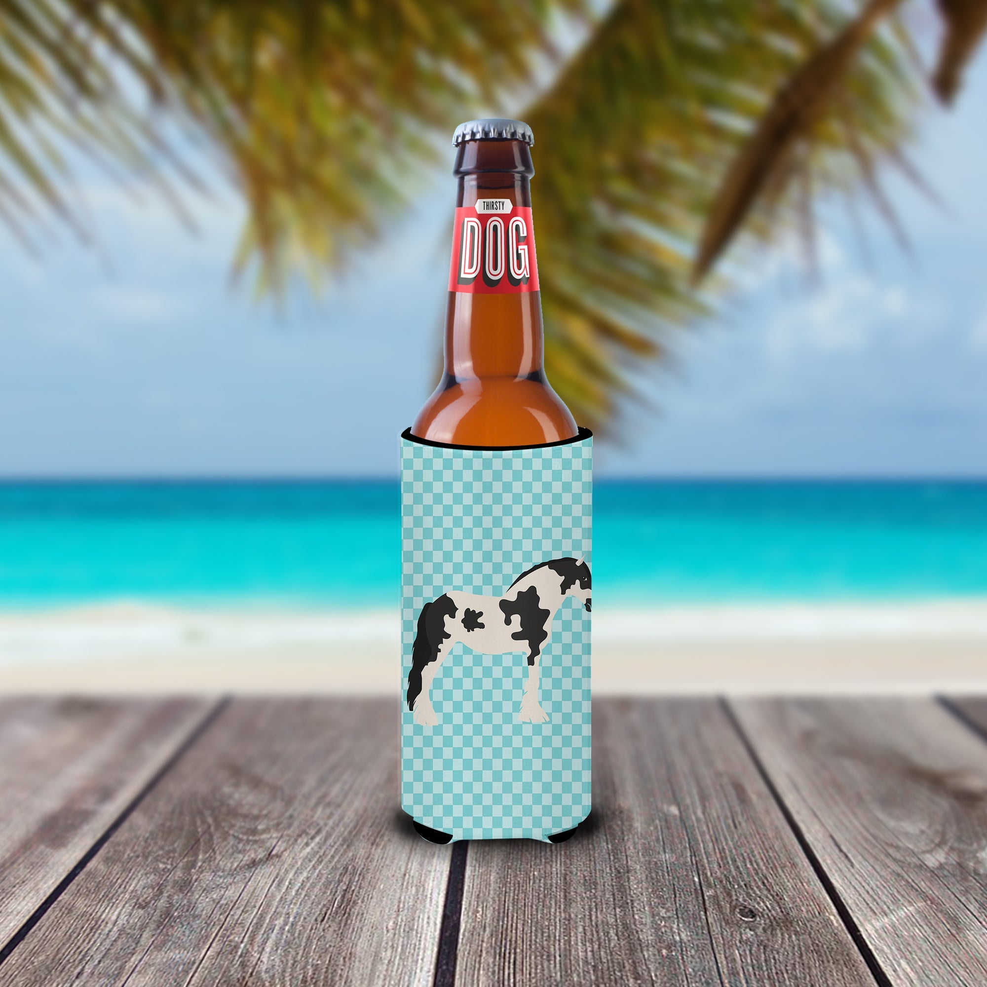 Cyldesdale Horse Blue Check Slim Can Hugger , Insulated Foam Hugger for 12 oz Slim Cans, Beer Bottles & Water Bottles, Printed in USA
