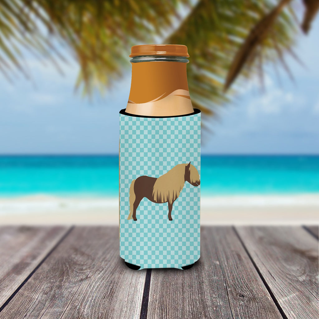 Shetland Pony Horse Blue Check Slim Can Hugger , Insulated Foam Hugger for 12 oz Slim Cans, Beer Bottles & Water Bottles, Printed in USA