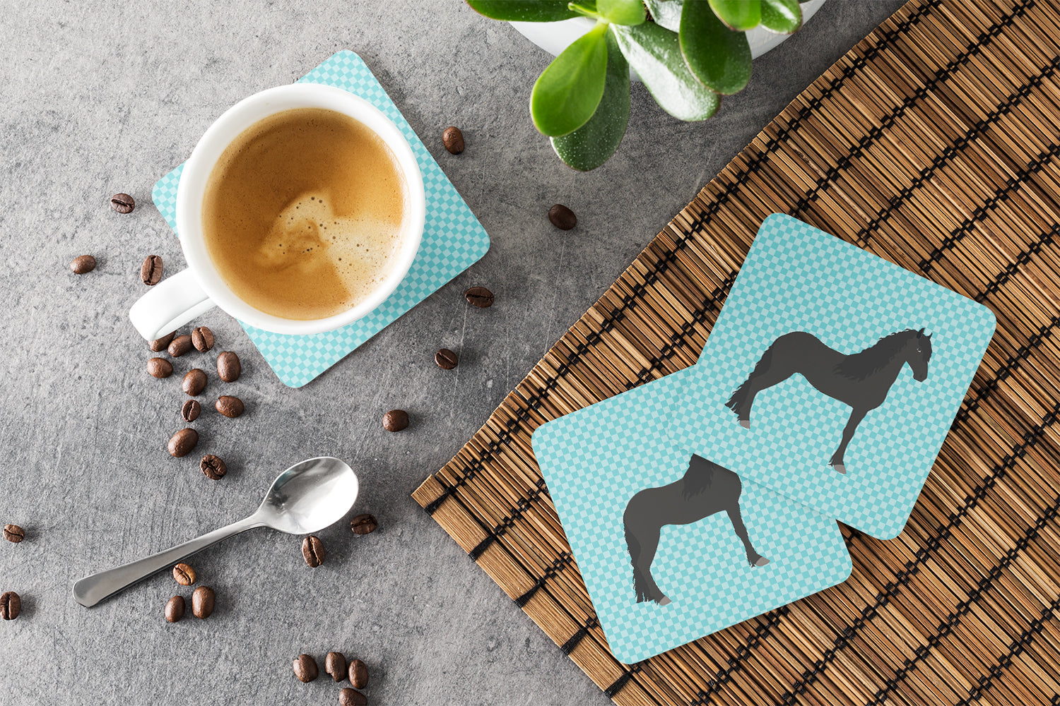 Friesian Horse Blue Check Foam Coasters Set of 4 Cup Coasters for Indoor Outdoor, Tabletop Protection, Anti Slip, Mouse pad Material
