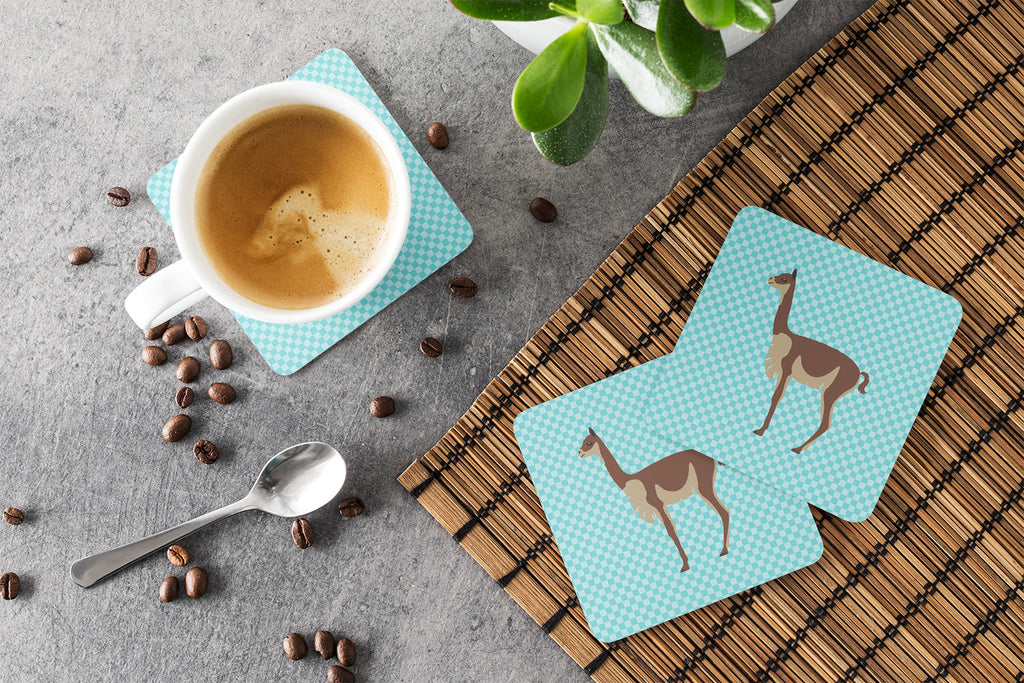 Vicugna or Vicuna Blue Check Foam Coasters Set of 4 Cup Coasters for Indoor Outdoor, Tabletop Protection, Anti Slip, Mouse pad Material