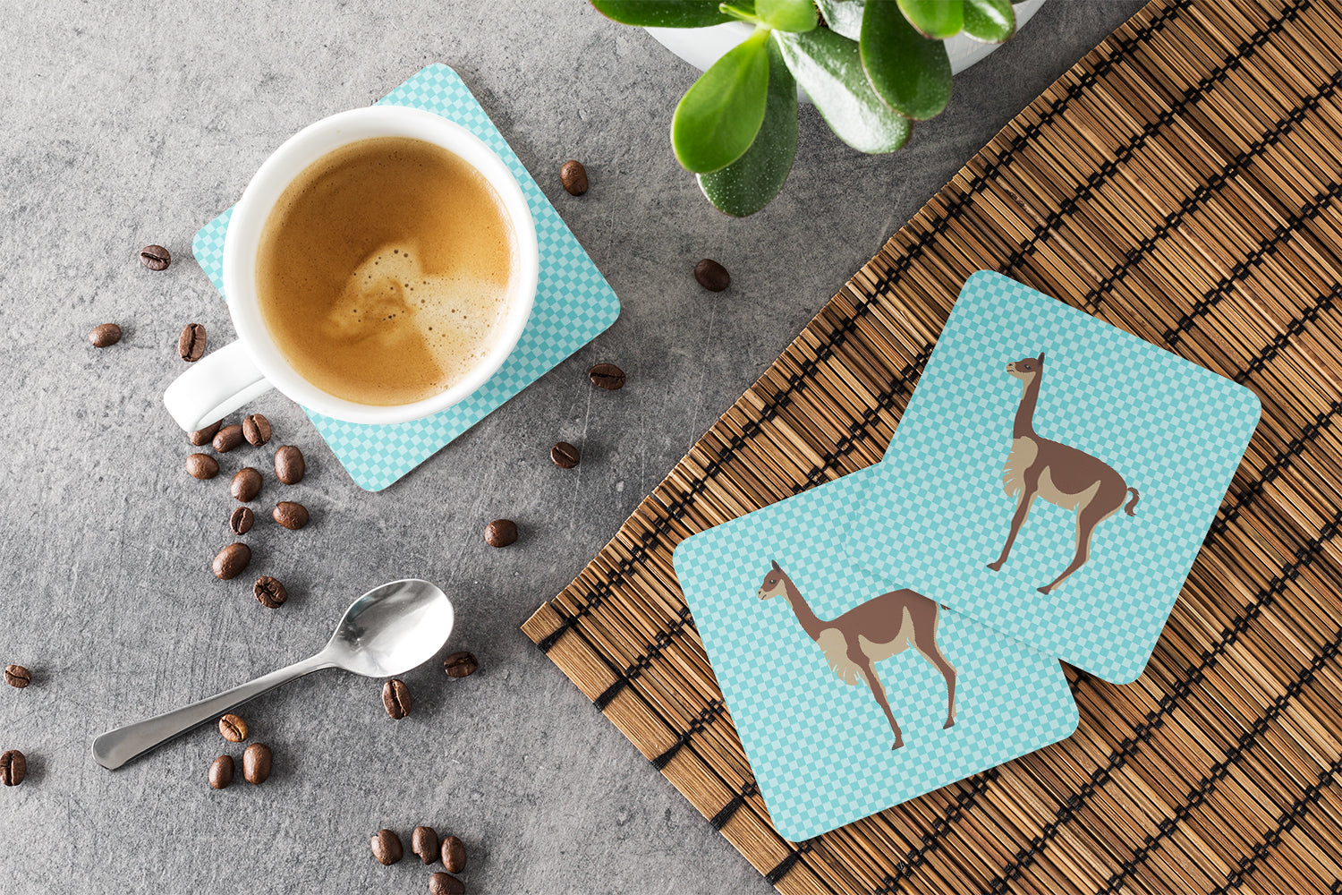 Vicugna or Vicuna Blue Check Foam Coasters Set of 4 Cup Coasters for Indoor Outdoor, Tabletop Protection, Anti Slip, Mouse pad Material