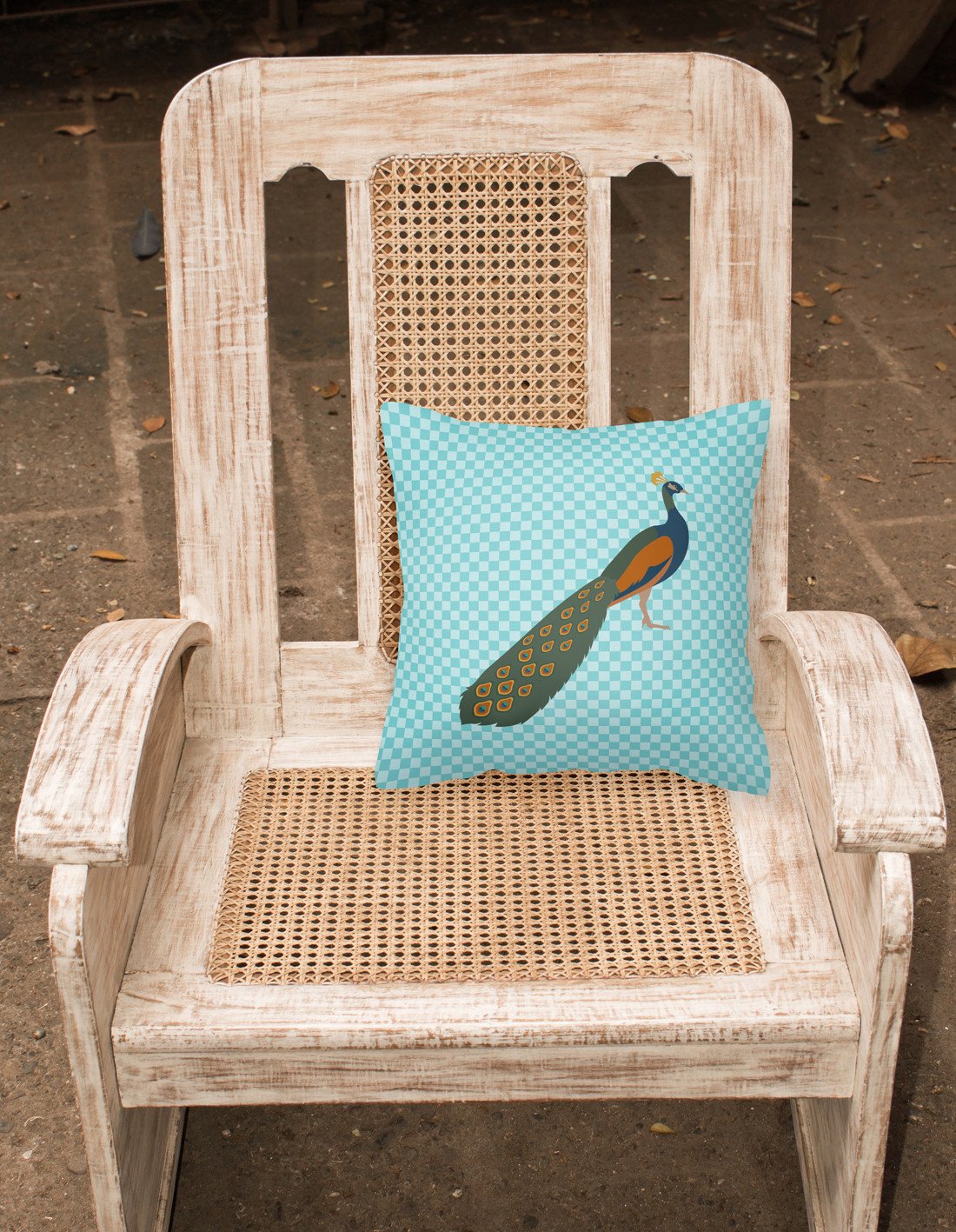Indian Peacock Peafowl Blue Check Decorative Throw Pillow 18x18 Indoor Outdoor Accent Cushion, Fabric Cover with Insert for Sofa, Bed, Porch & Living Room