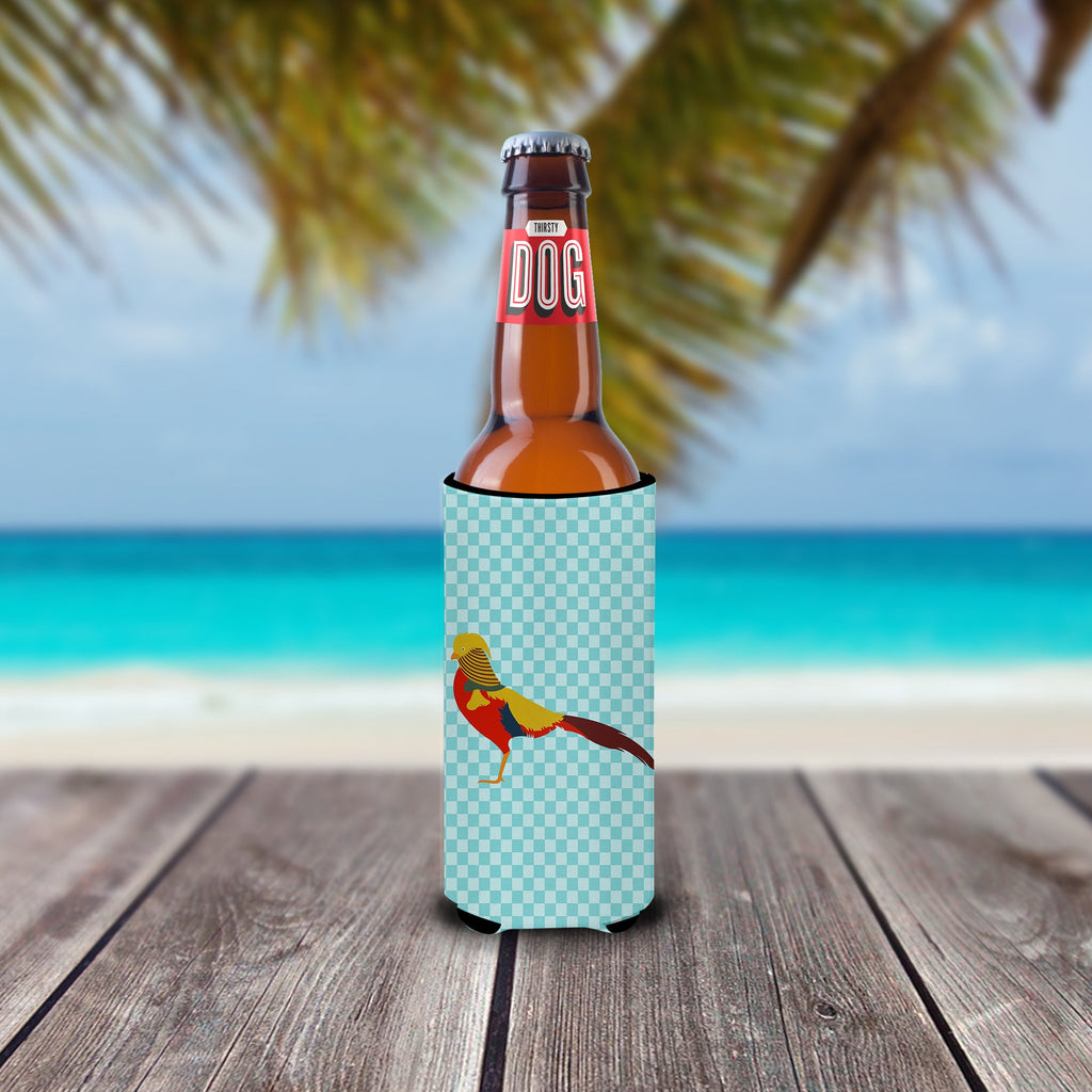 Golden or Chinese Pheasant Blue Check Slim Can Hugger , Insulated Foam Hugger for 12 oz Slim Cans, Beer Bottles & Water Bottles, Printed in USA