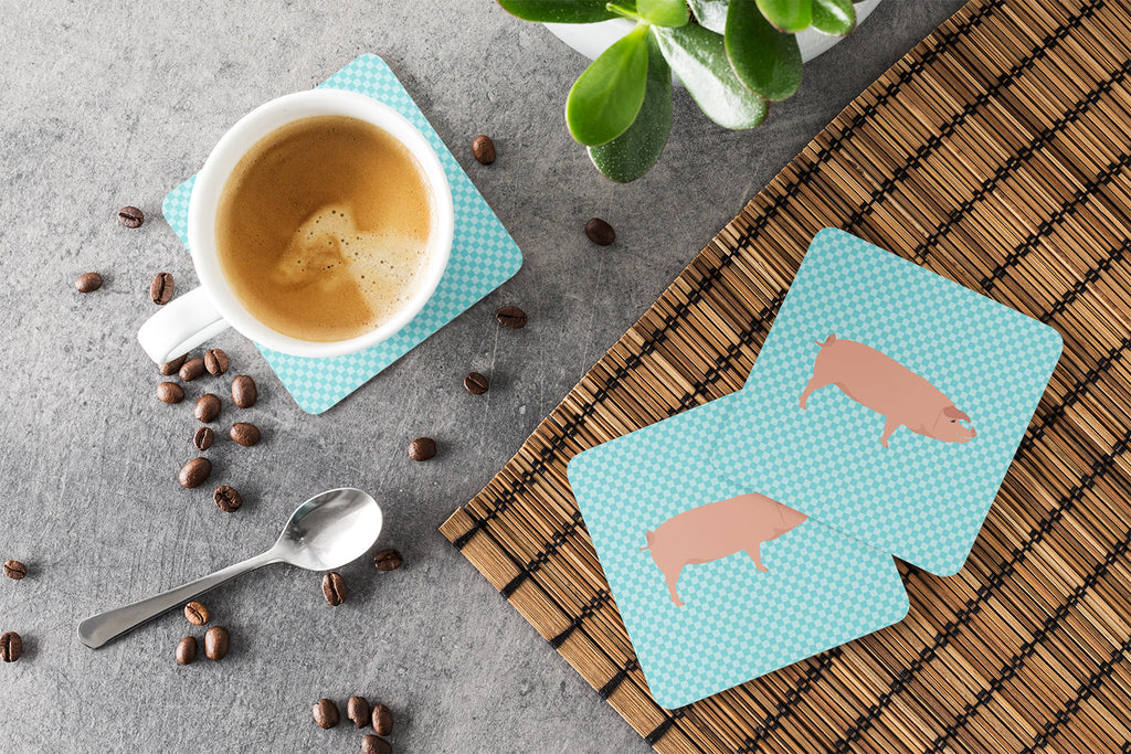 American Landrace Pig Blue Check Foam Coasters Set of 4 Cup Coasters for Indoor Outdoor, Tabletop Protection, Anti Slip, Mouse pad Material