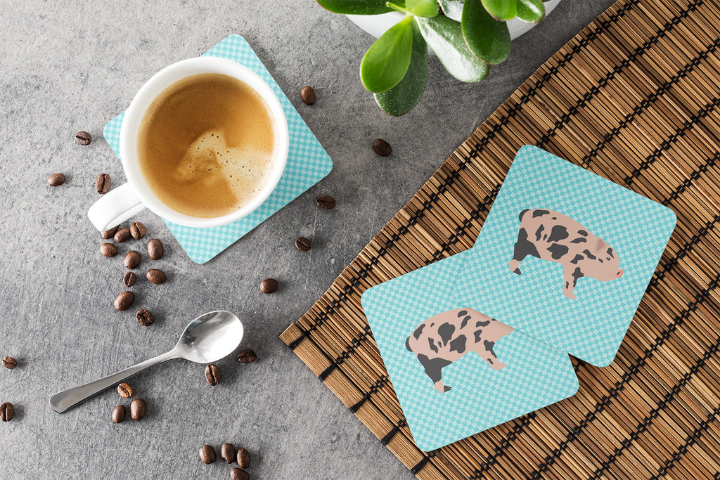 Mini Miniature Pig Blue Check Foam Coasters Set of 4 Cup Coasters for Indoor Outdoor, Tabletop Protection, Anti Slip, Mouse pad Material