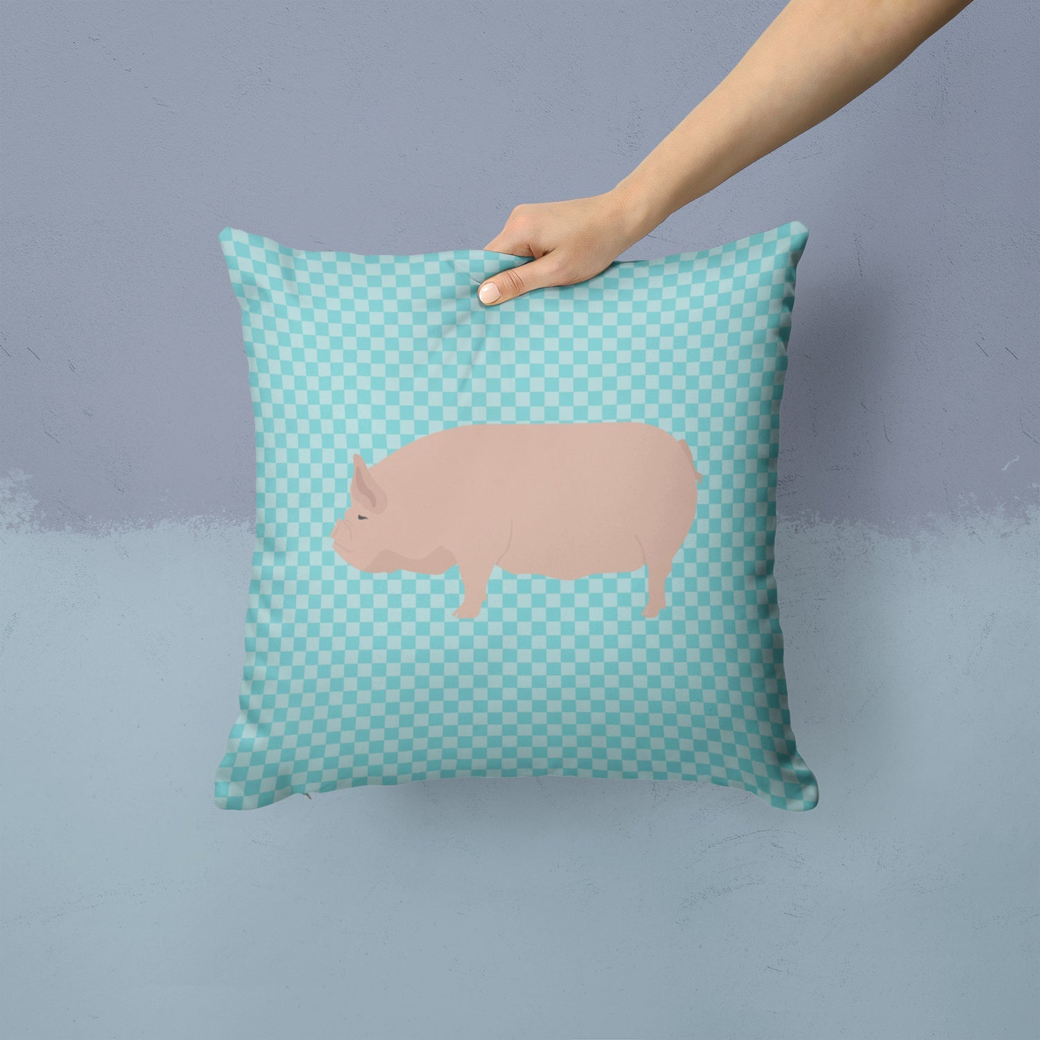 Welsh Pig Blue Check Decorative Throw Pillow 14x14 Indoor Outdoor Accent Cushion, Fabric Cover with Insert for Sofa, Bed, Porch & Living Room